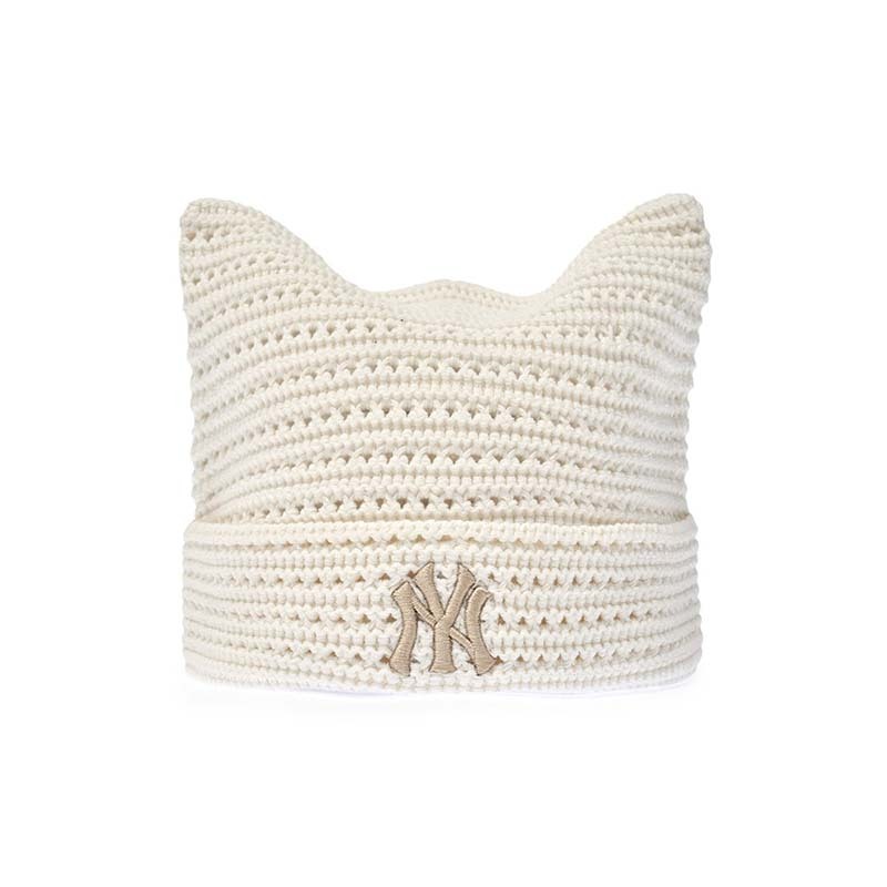 MLB 鉤織貓耳帽 春夏款 紐約洋基隊 白色 Karina 同款 MLB-11 [台灣現貨]