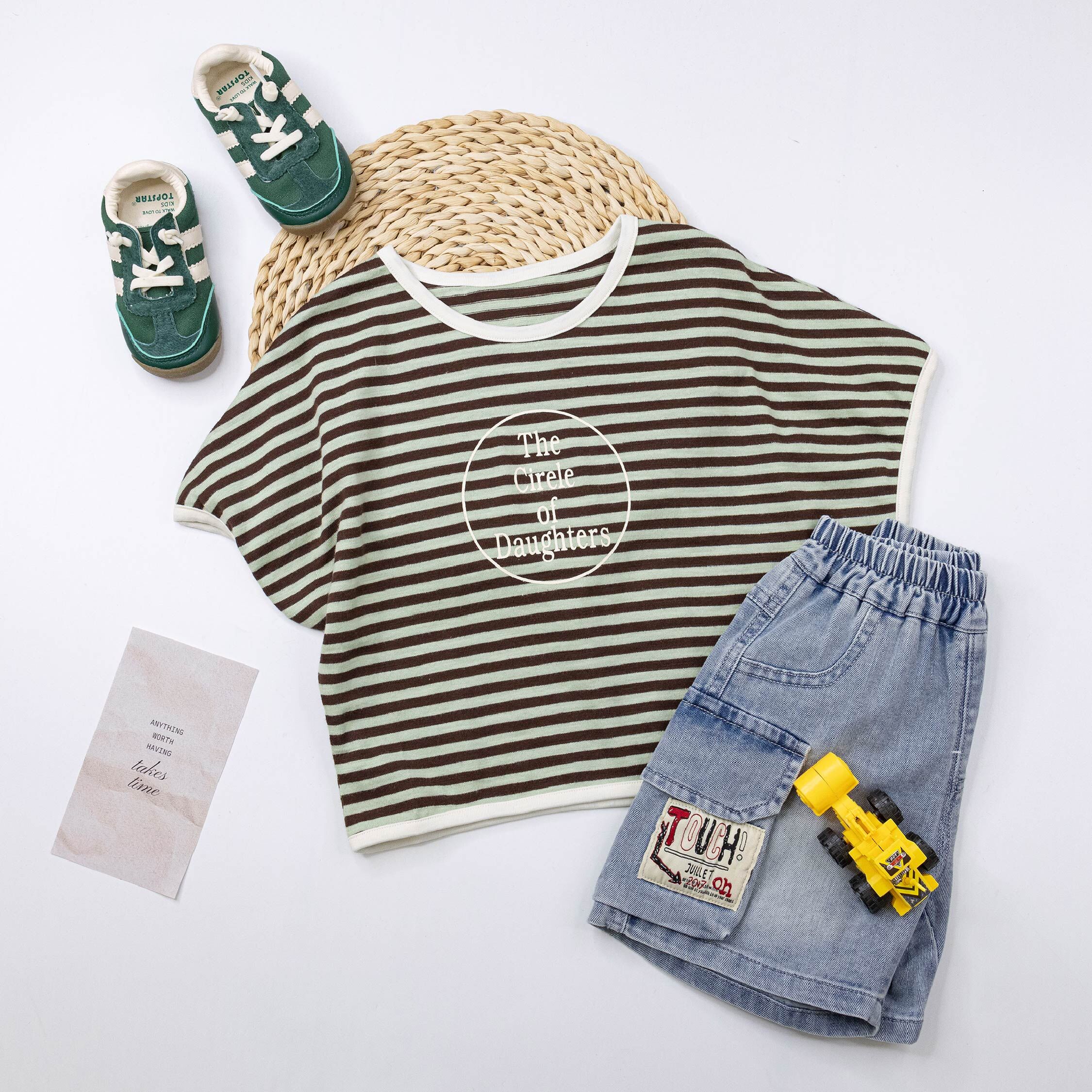 【H50119】美式英字舒適條紋上衣/短T