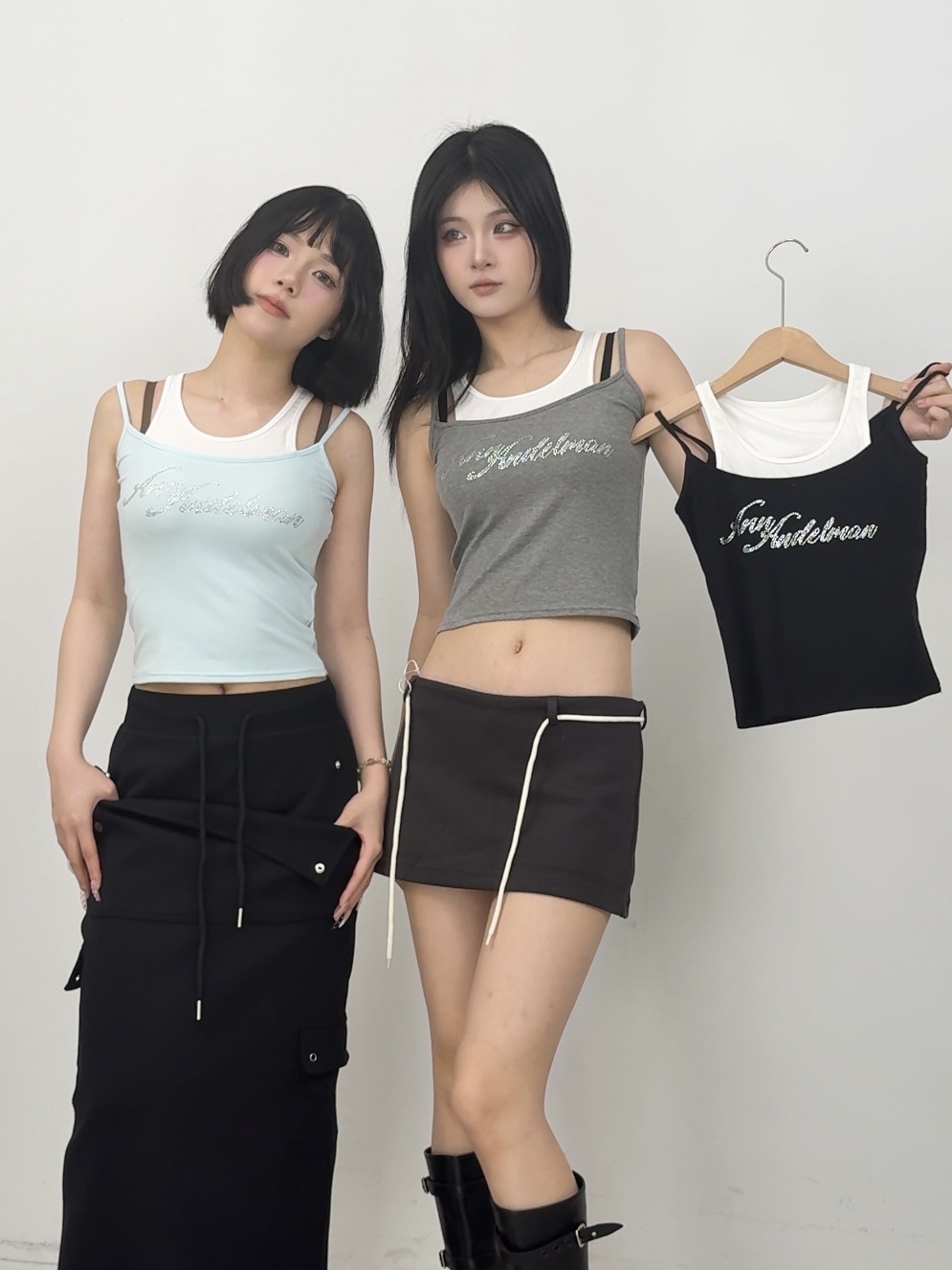 B123辣妹假兩件燙鑽上衣