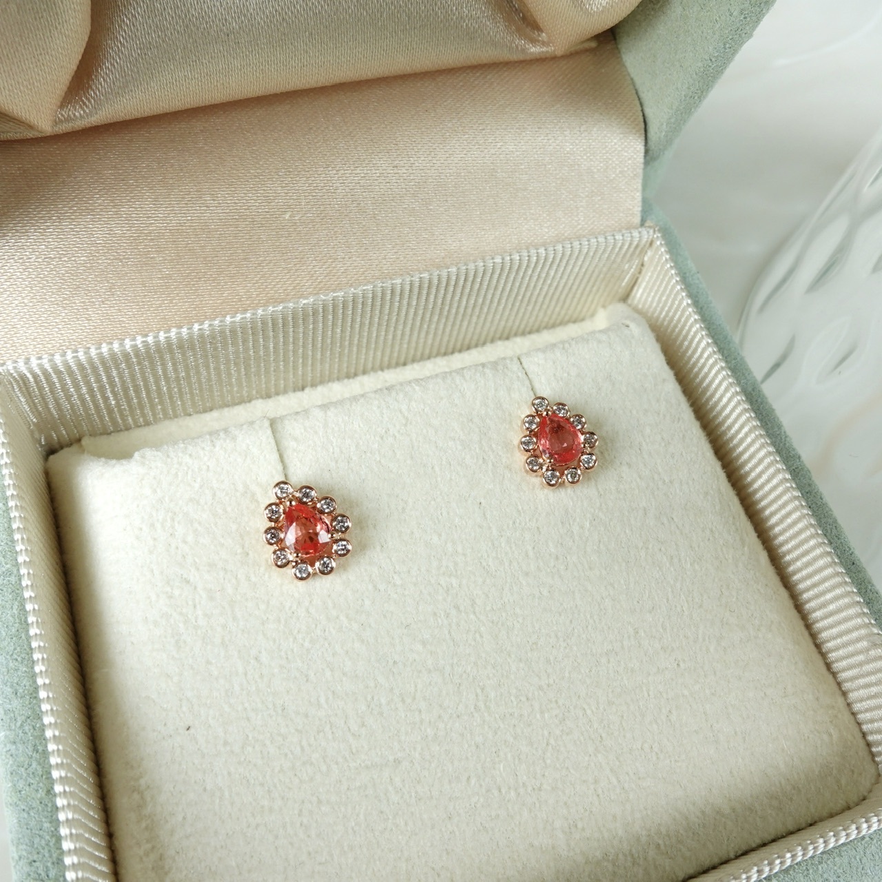 18K金Padparadscha鑽石復古耳釘 - 日落色