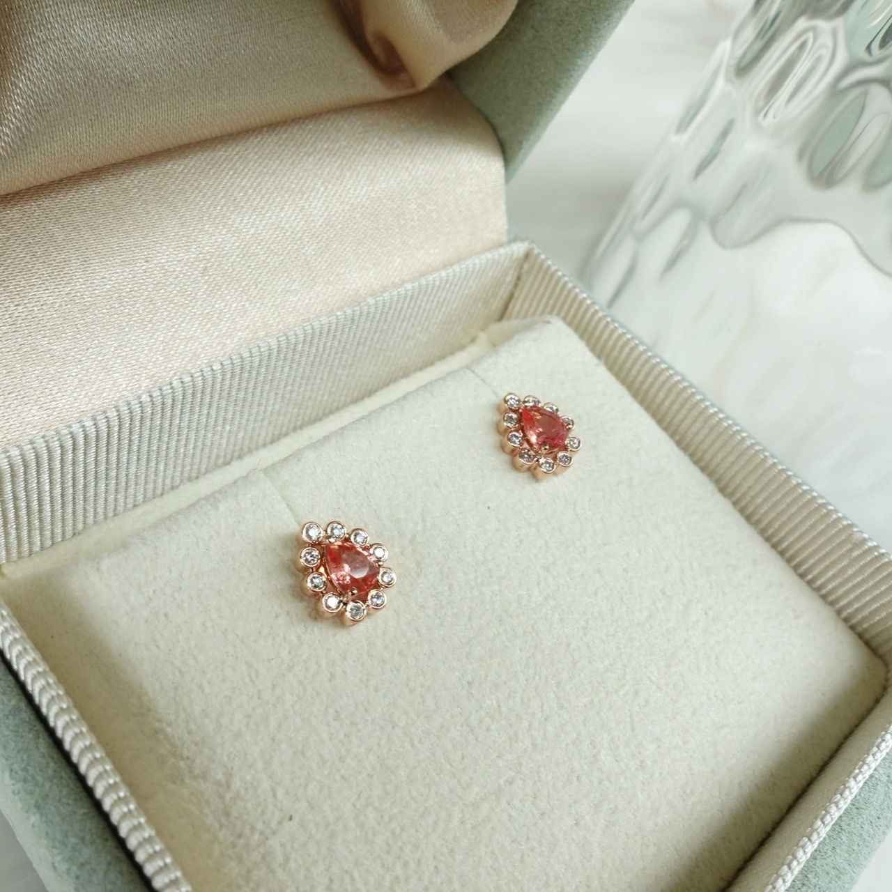 18K金Padparadscha鑽石復古耳釘 - 日落色