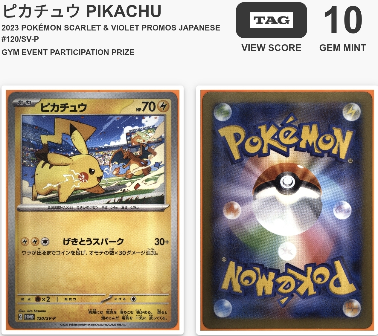 【TAG 10】ピカチュウ PIKACHU 2023 POKÉMON SCARLET & VIOLET PROMOS JAPANESE #120/SV-P GYM EVENT PARTICIPATION PRIZE