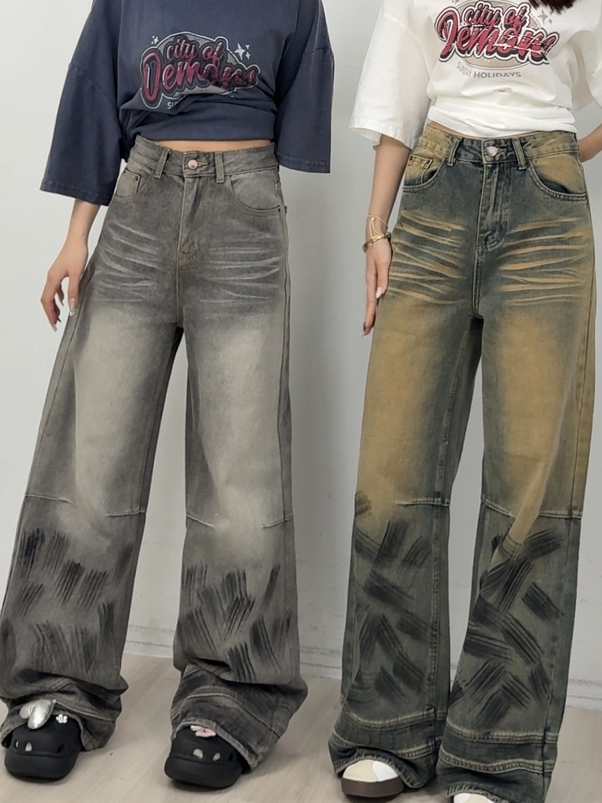 B139潑墨復古感闊腿褲