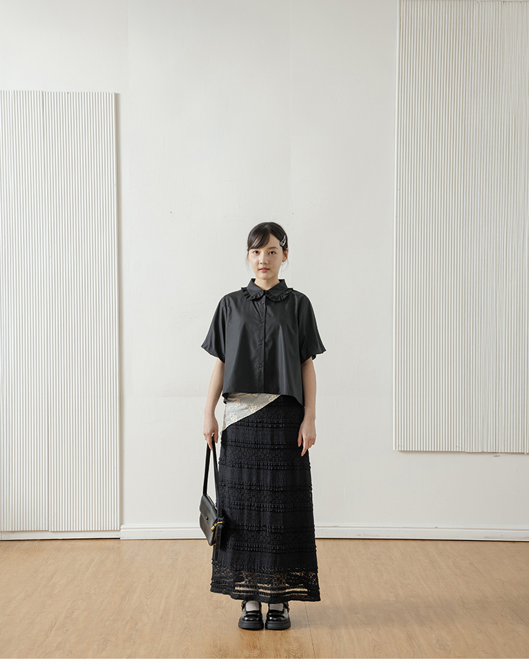 Ruffled Collar Balloon Sleeve Wide-Sleeve Shirt - Black【01025748】in stock+pre-order