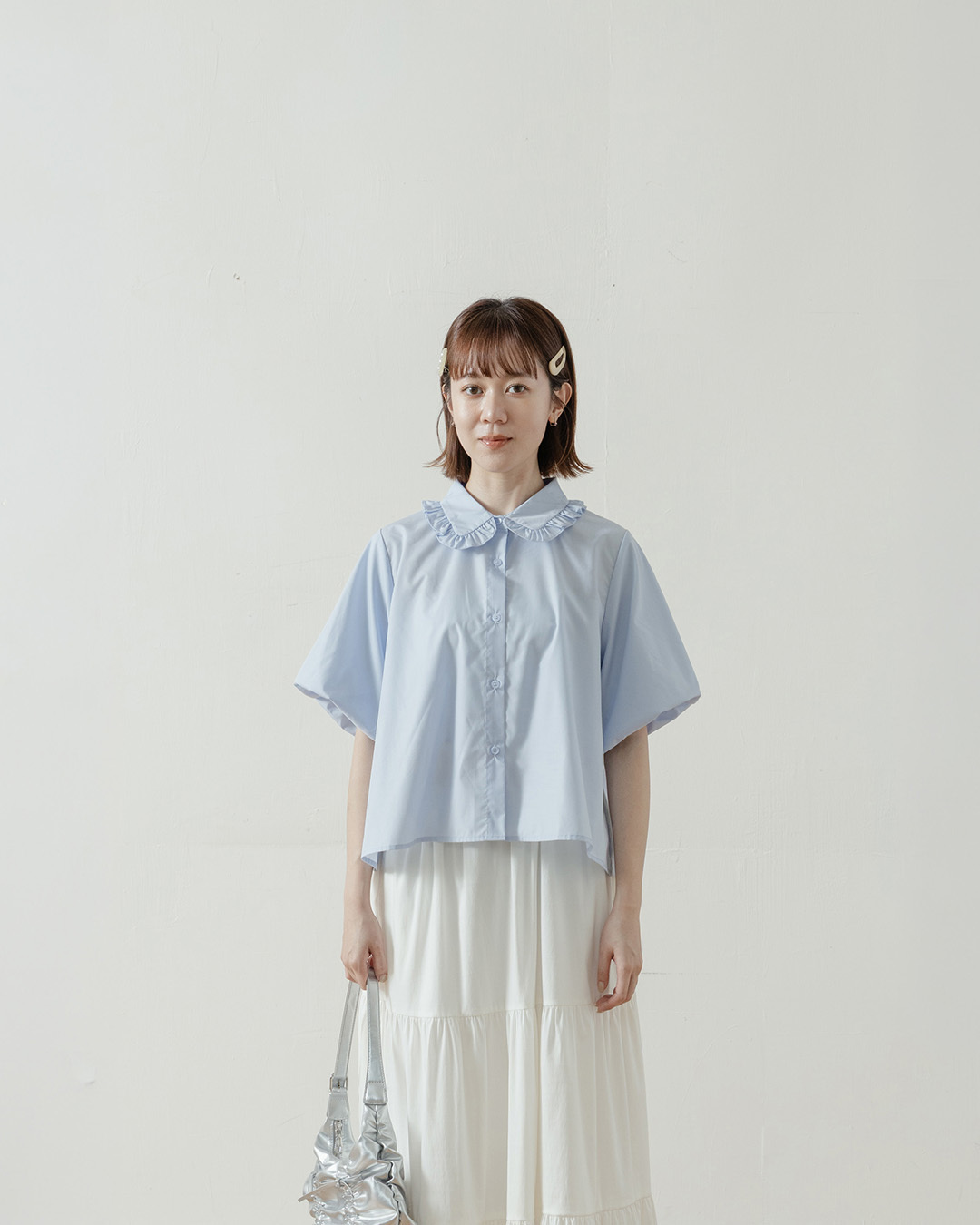 Ruffled Collar Balloon Sleeve Wide-Sleeve Shirt - Blue【01025749】in stock+pre-order