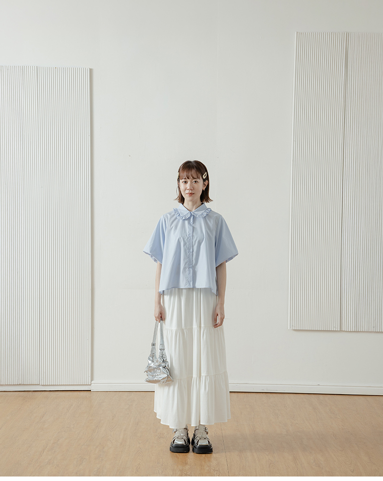 Ruffled Collar Balloon Sleeve Wide-Sleeve Shirt - Blue【01025749】in stock+pre-order