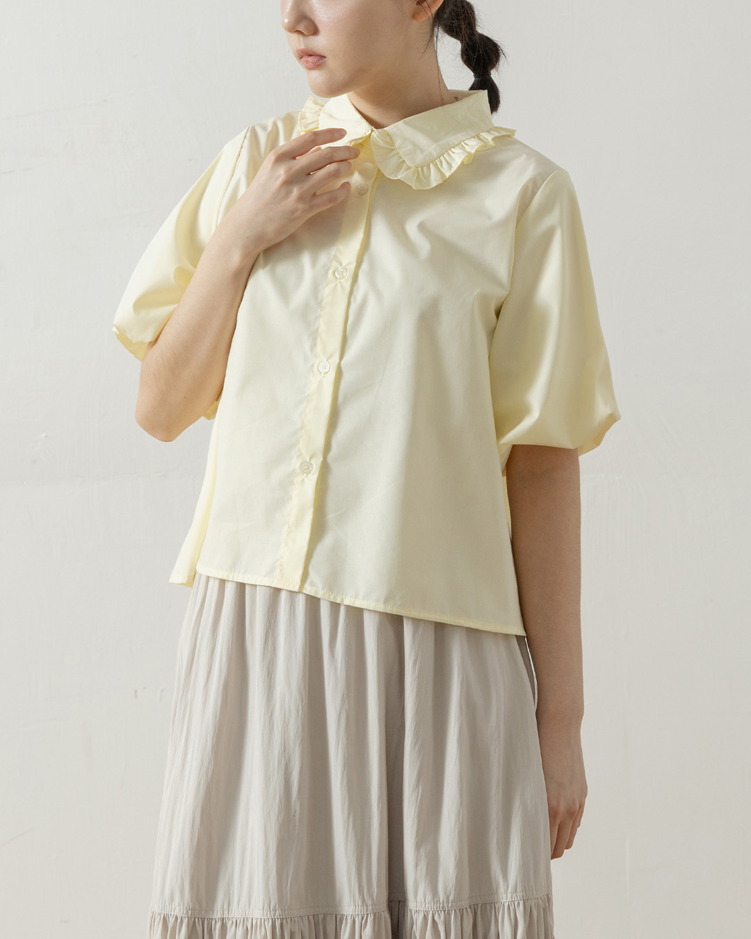 Ruffled Collar Balloon Sleeve Wide-Sleeve Shirt - Yellow【01025750】in stock+pre-order