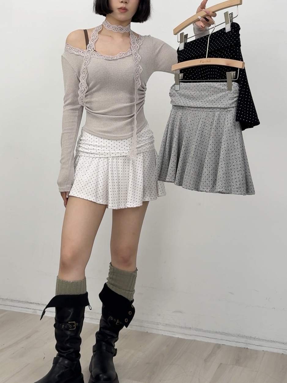 B144正韓反折波點百褶短裙