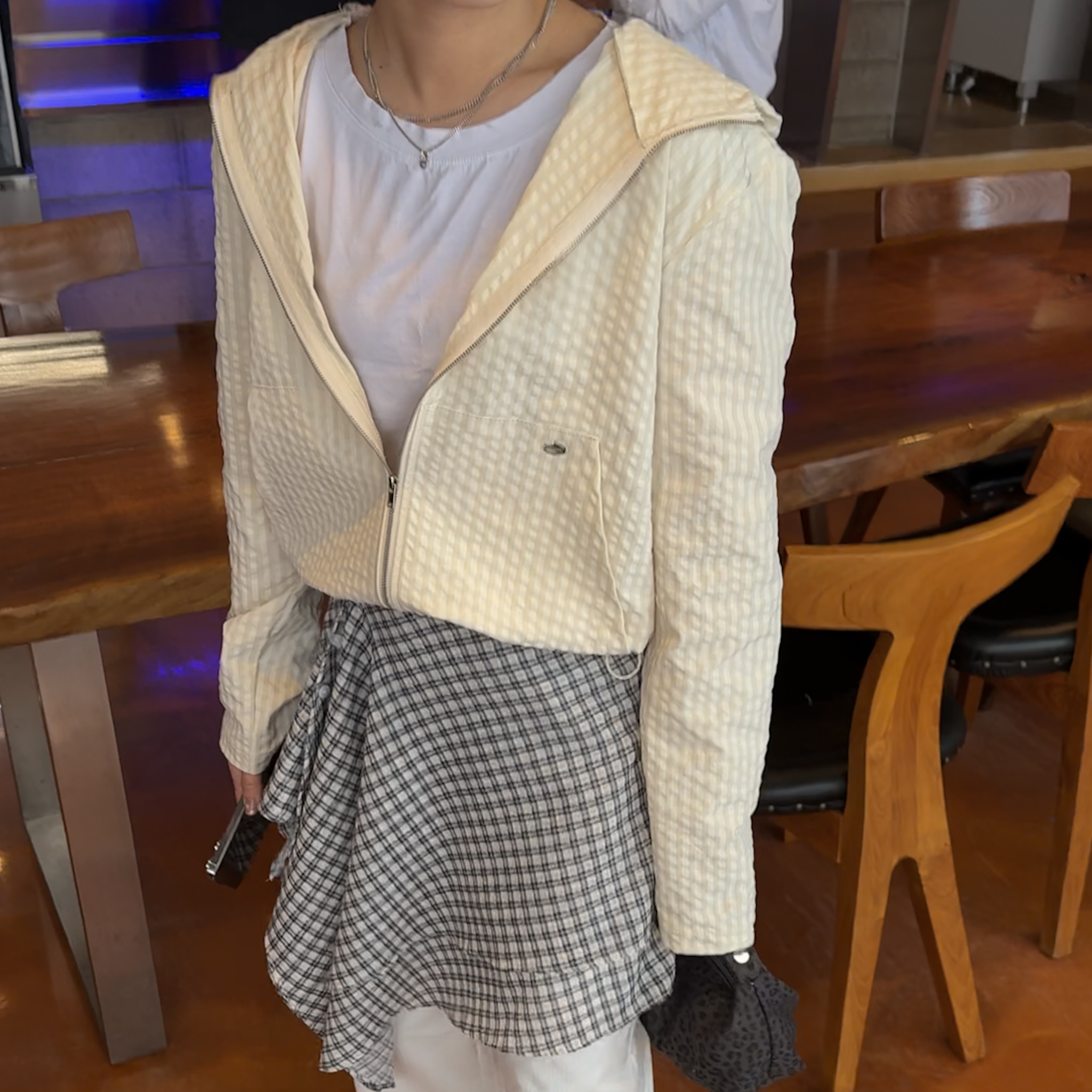 AS13夏日小清新細格紋奶黃合身連帽外