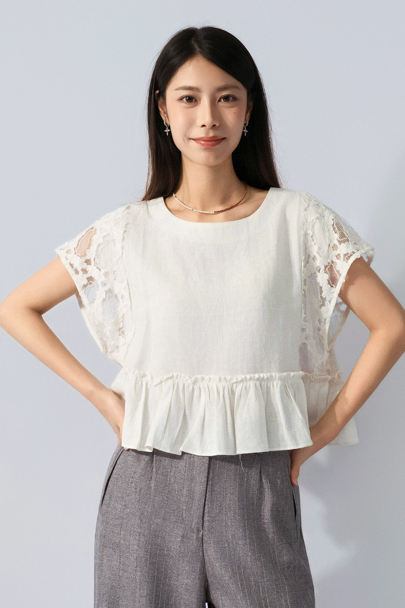 特式花花網袖棉麻上衣 (預購產品）