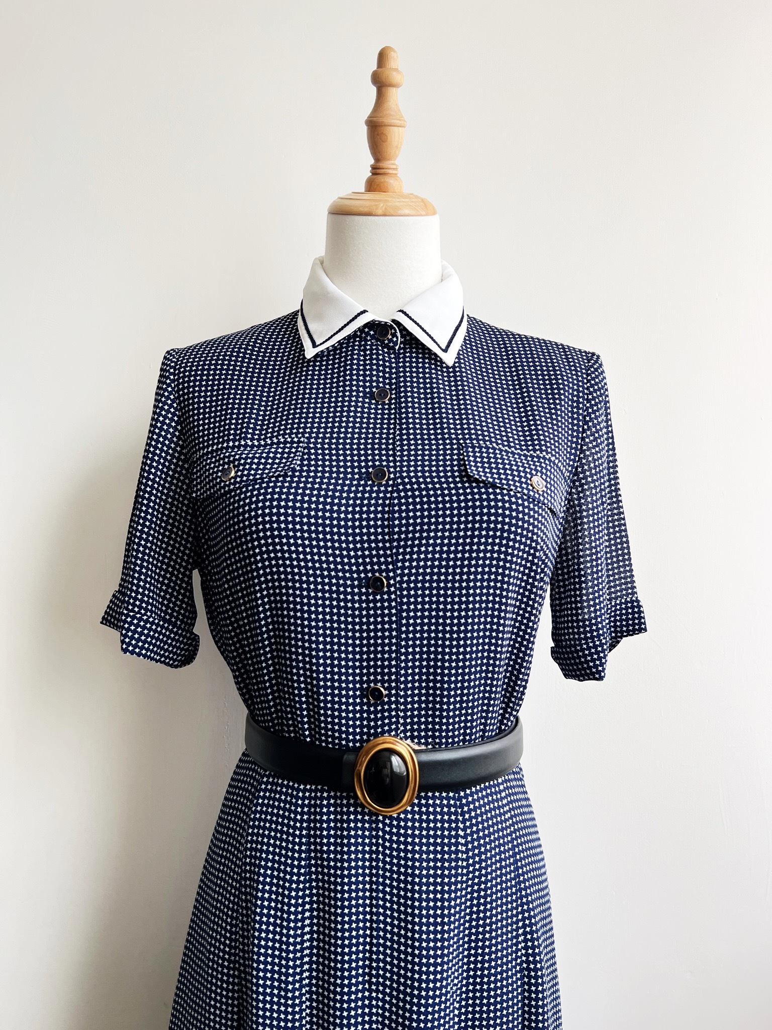 Retro blue and white houndstooth vintage dress