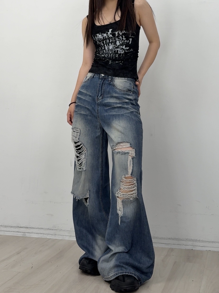 B188破洞牛仔闊腿褲