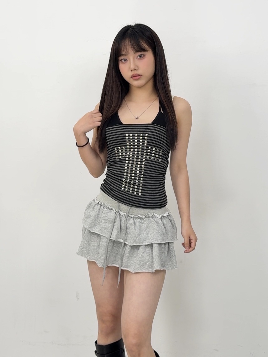 B201辣妹假兩件條紋十字架背心