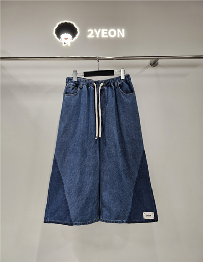 YE005 2yeon 側三角拼色9分闊腿牛仔褲 深牛仔色