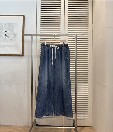 YE030 FAVE 橡筋頭綁繩薄牛仔闊腳褲 藍色