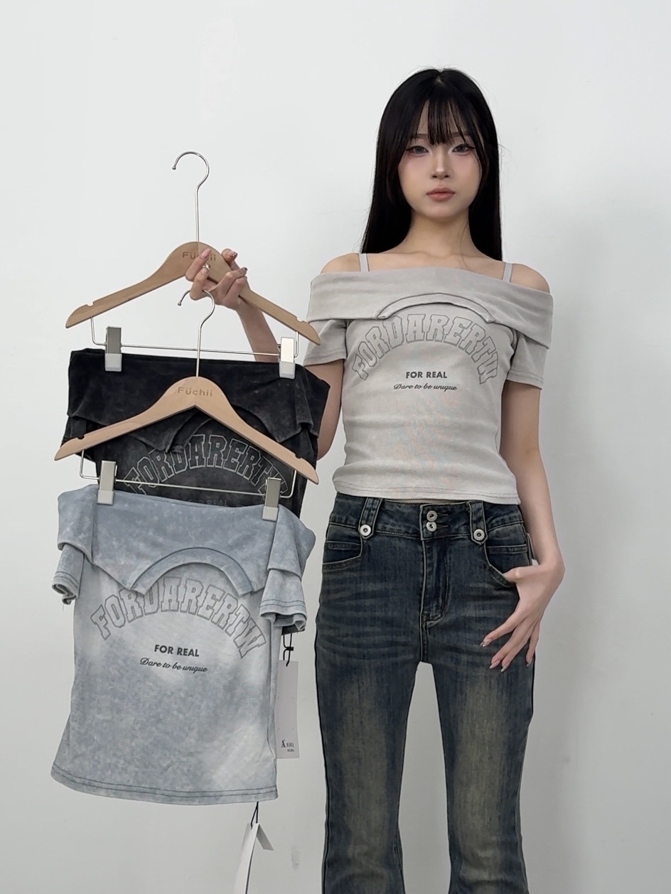 B178渲染刷色印花一字領