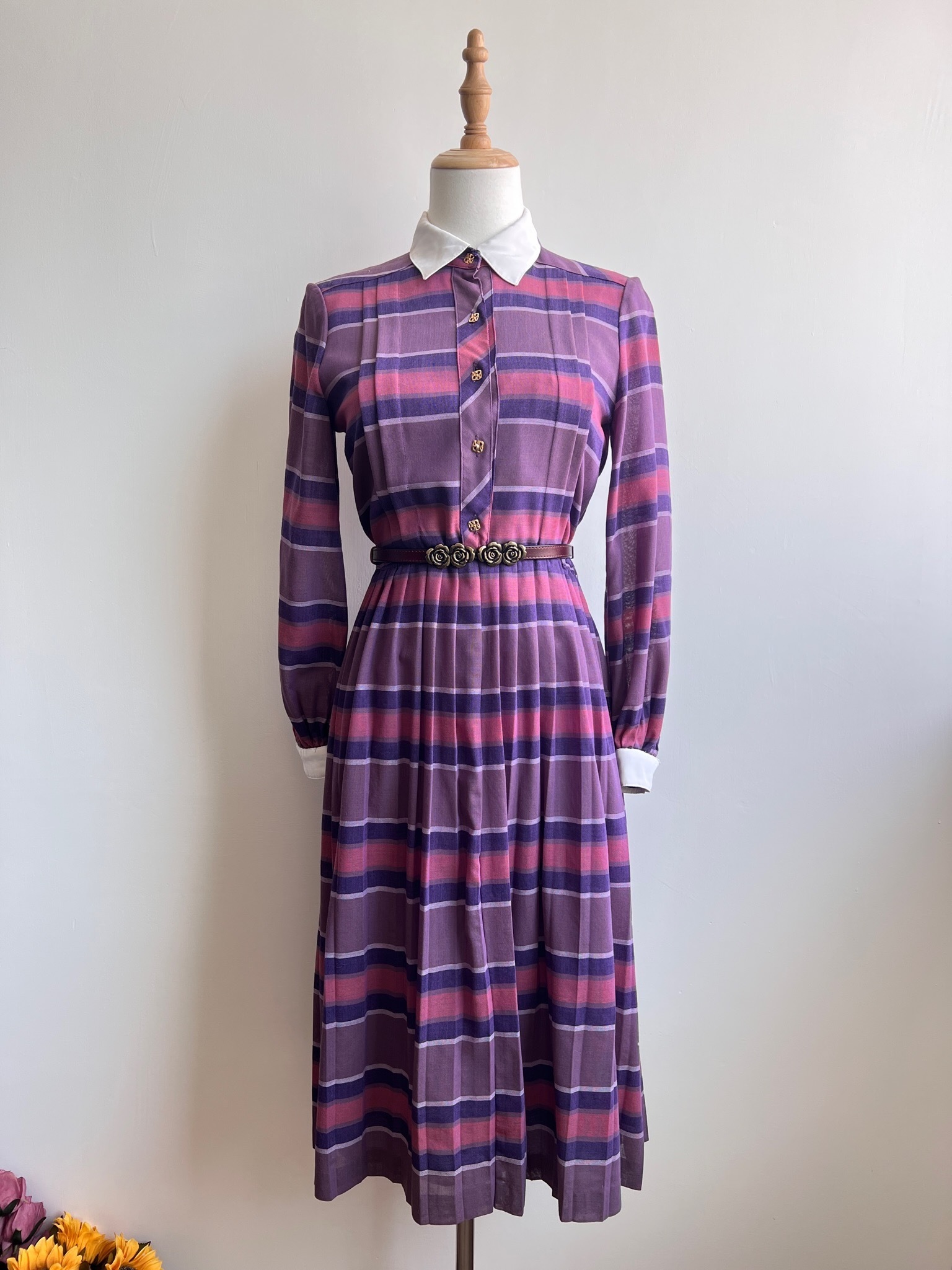 紫粉色條紋古著連身裙