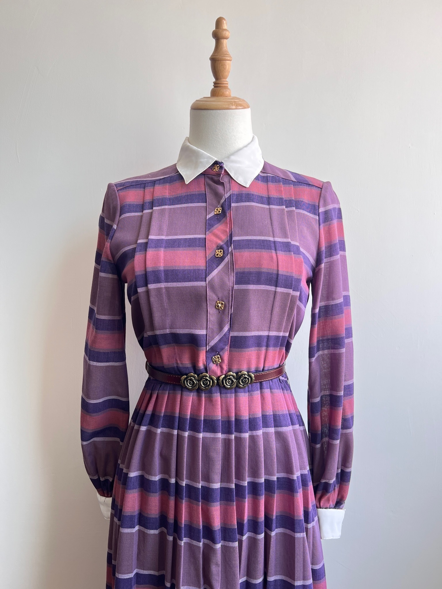 紫粉色條紋古著連身裙