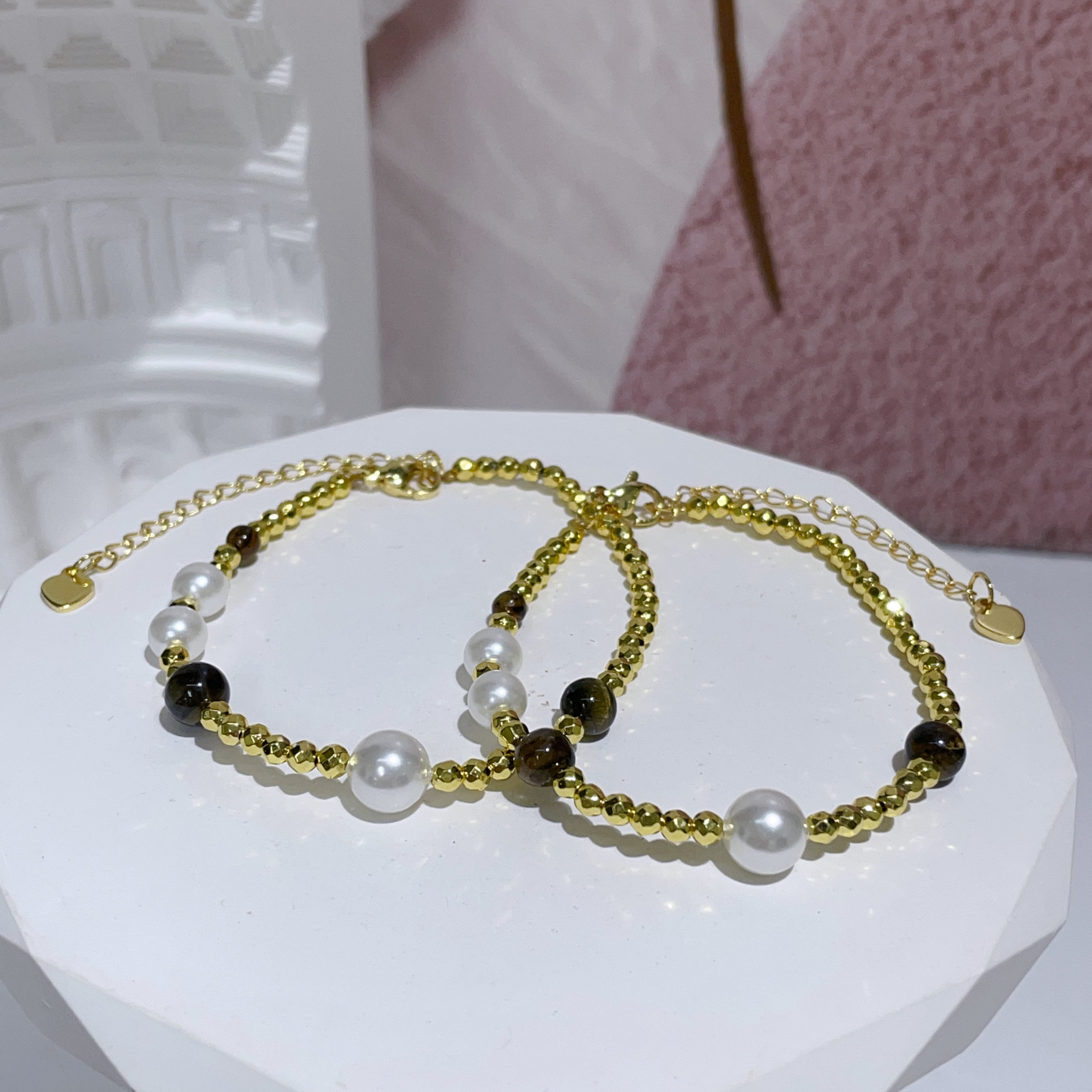 金鑽切黑膽石拼虎眼石貝珠手鏈 18-23cm