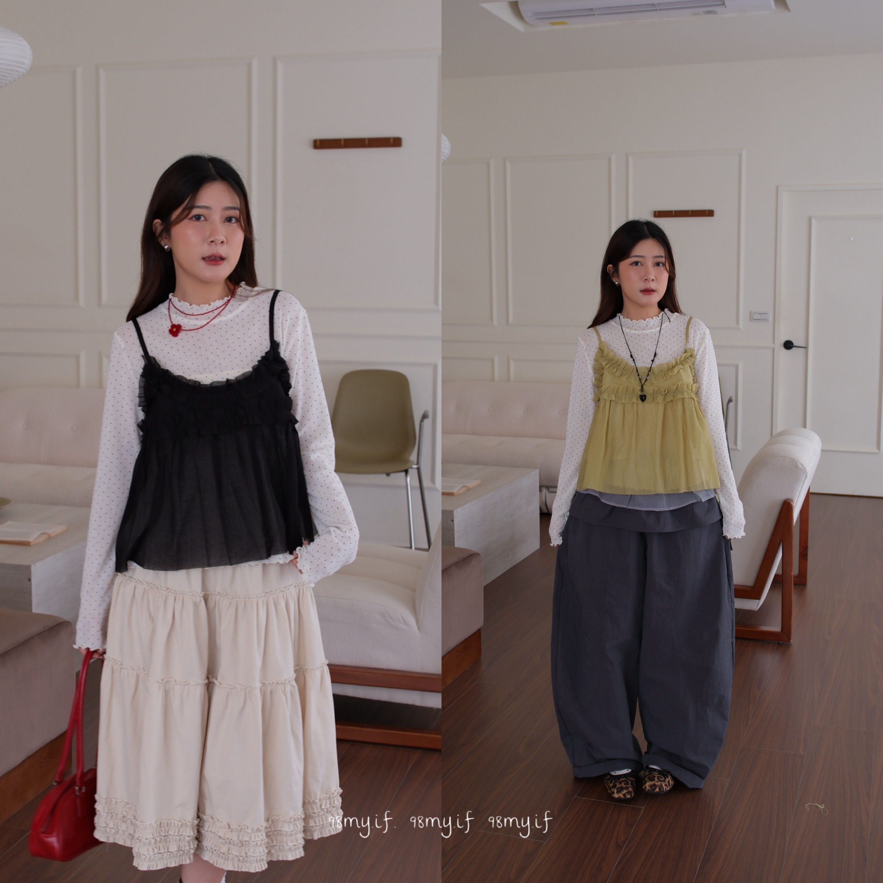 A34 日系小花邊網紗吊帶背心（2colors)