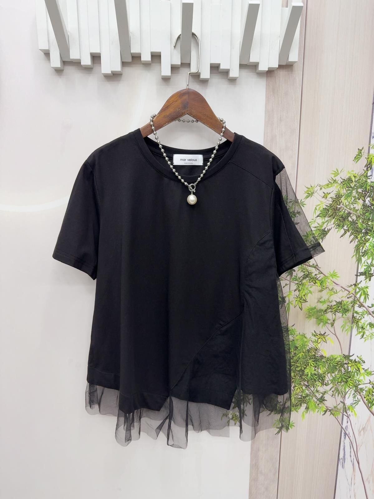 韓國淨色拼紗top~158X