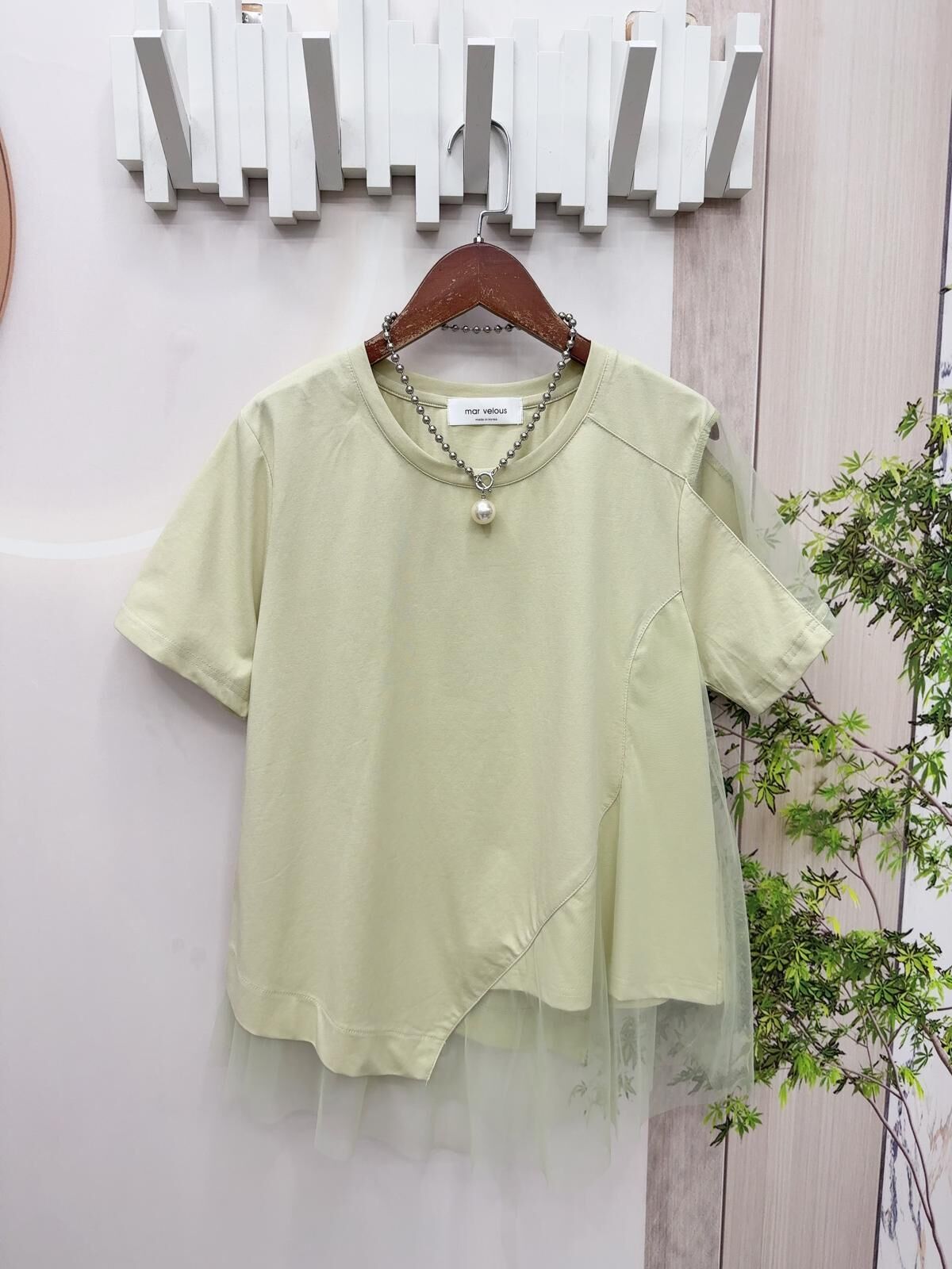 韓國淨色拼紗top~158X