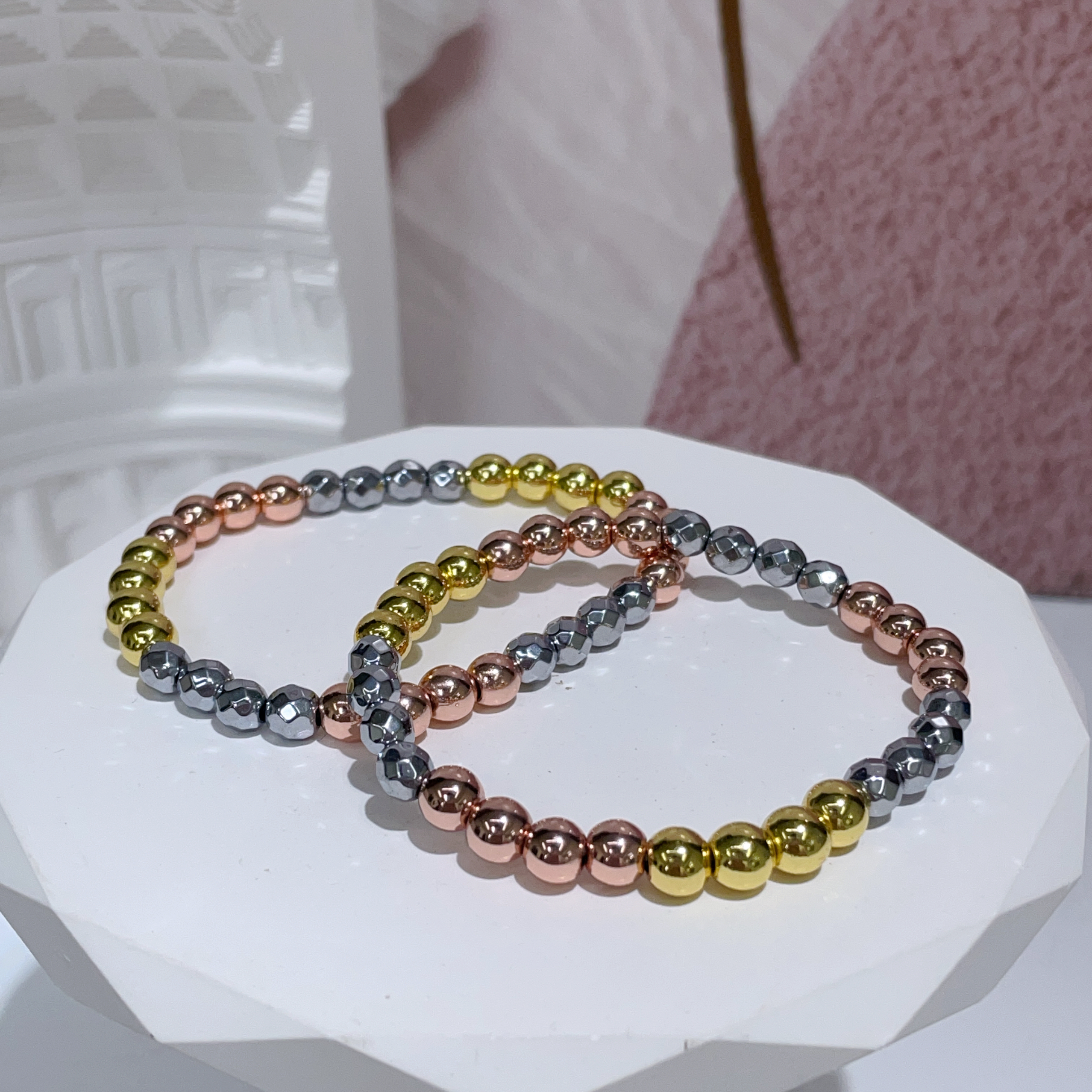 三色黑膽石鑽切手串 6mm