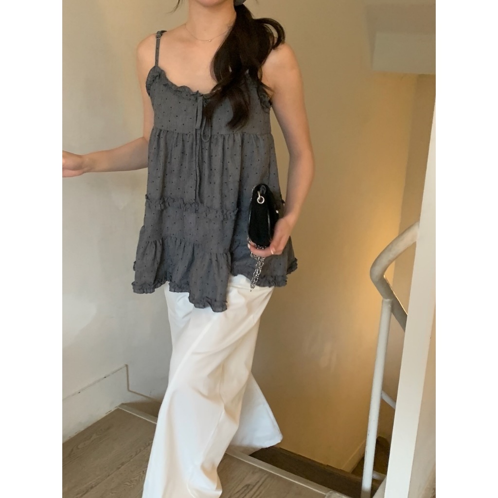 A33 不經意的可愛 波點細肩帶背心+大腸圈 #8537