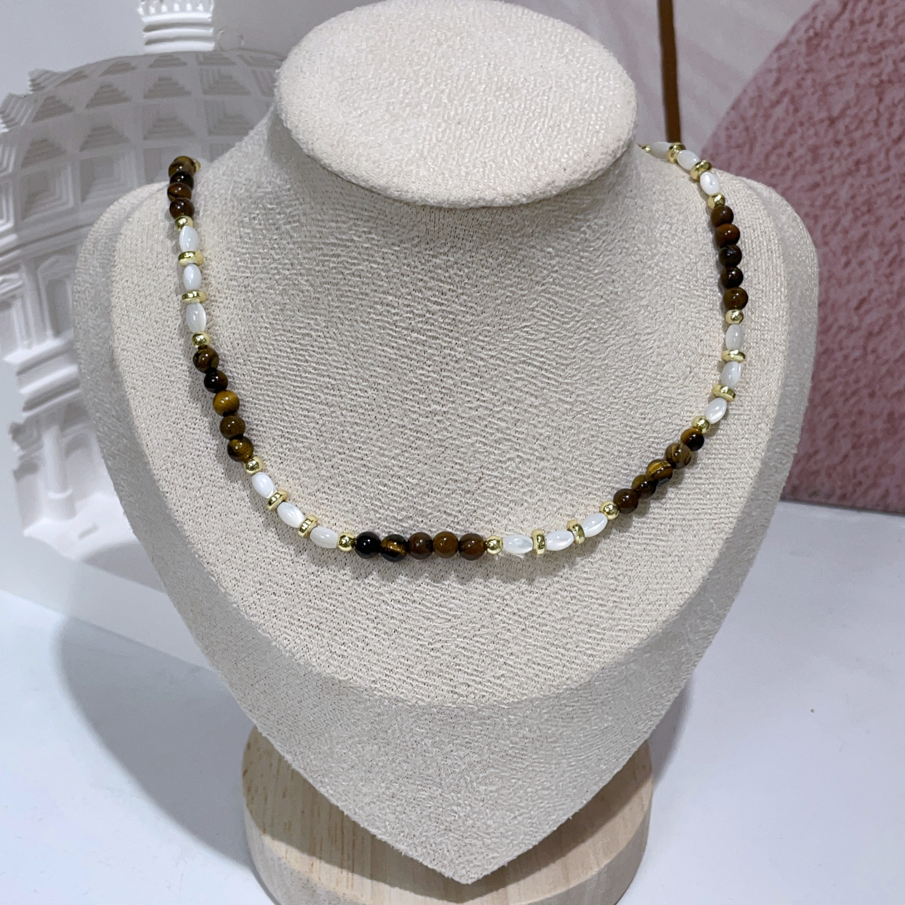 黑膽石拼虎眼石貝母頸鏈 39-42cm