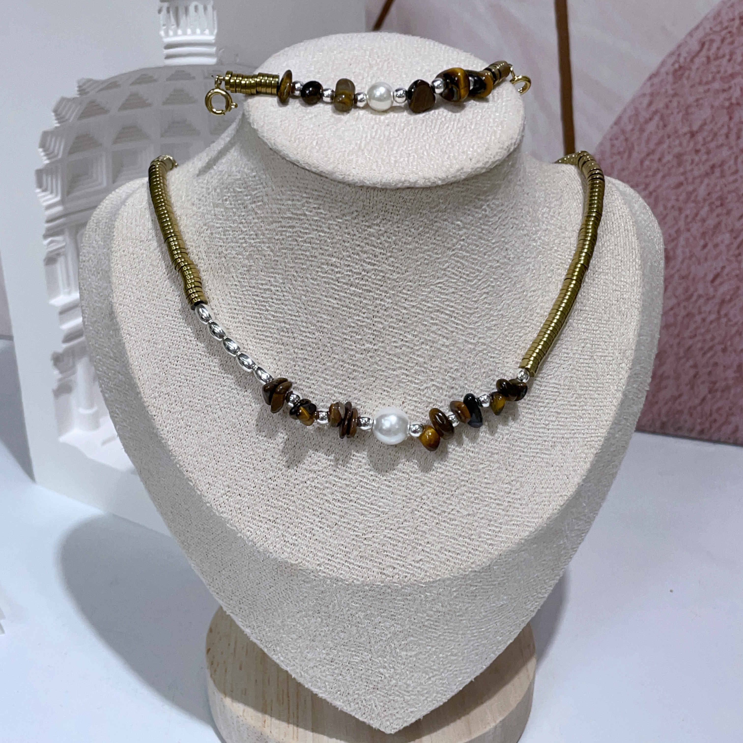 黑膽石拼虎眼石頸鏈 配加長鏈 40cm