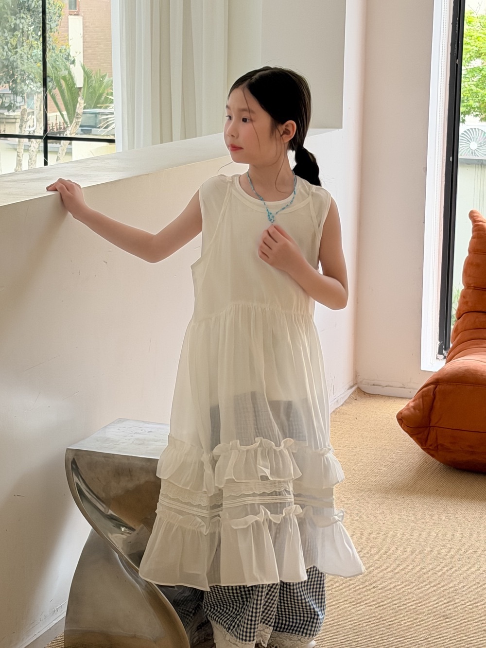 白色浪花洋裝/內搭米白背心