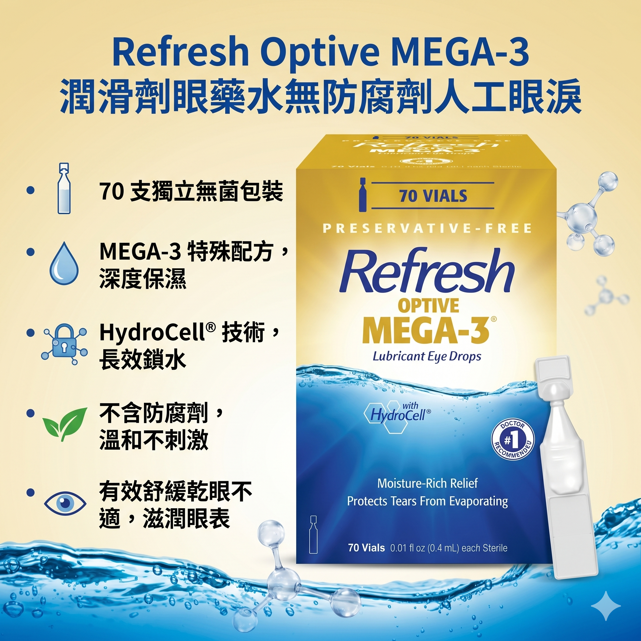 【預購】H041496 Refresh Optive MEGA-3  潤滑劑眼藥水無防腐劑人工眼淚 (70支)