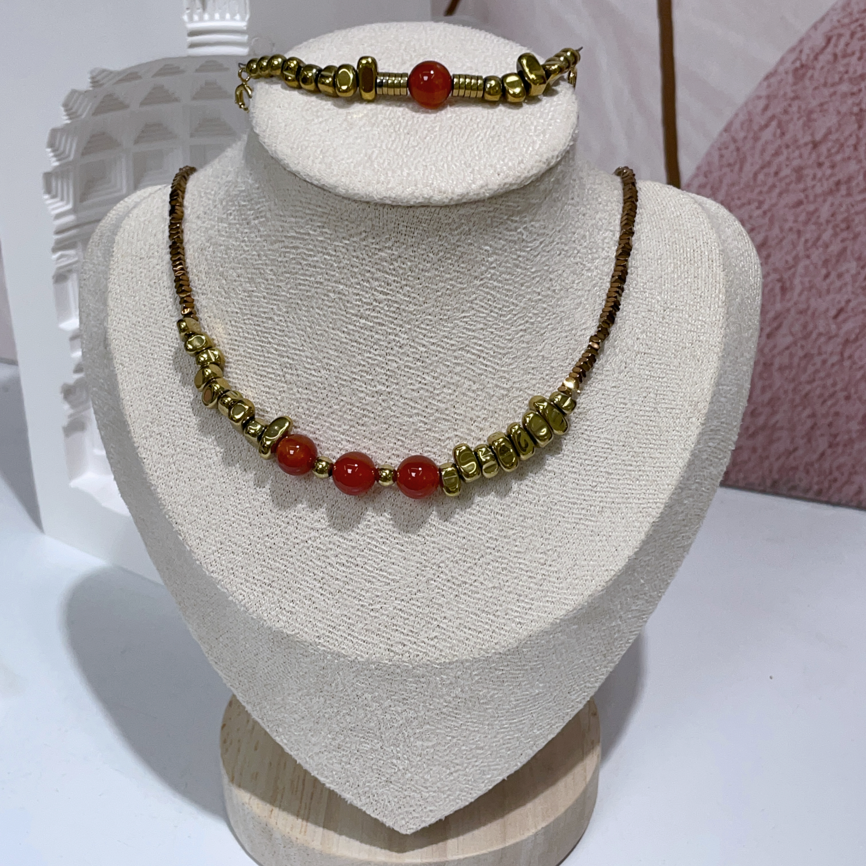 黑膽石拼紅瑪瑙頸鏈 配加長鏈 40cm