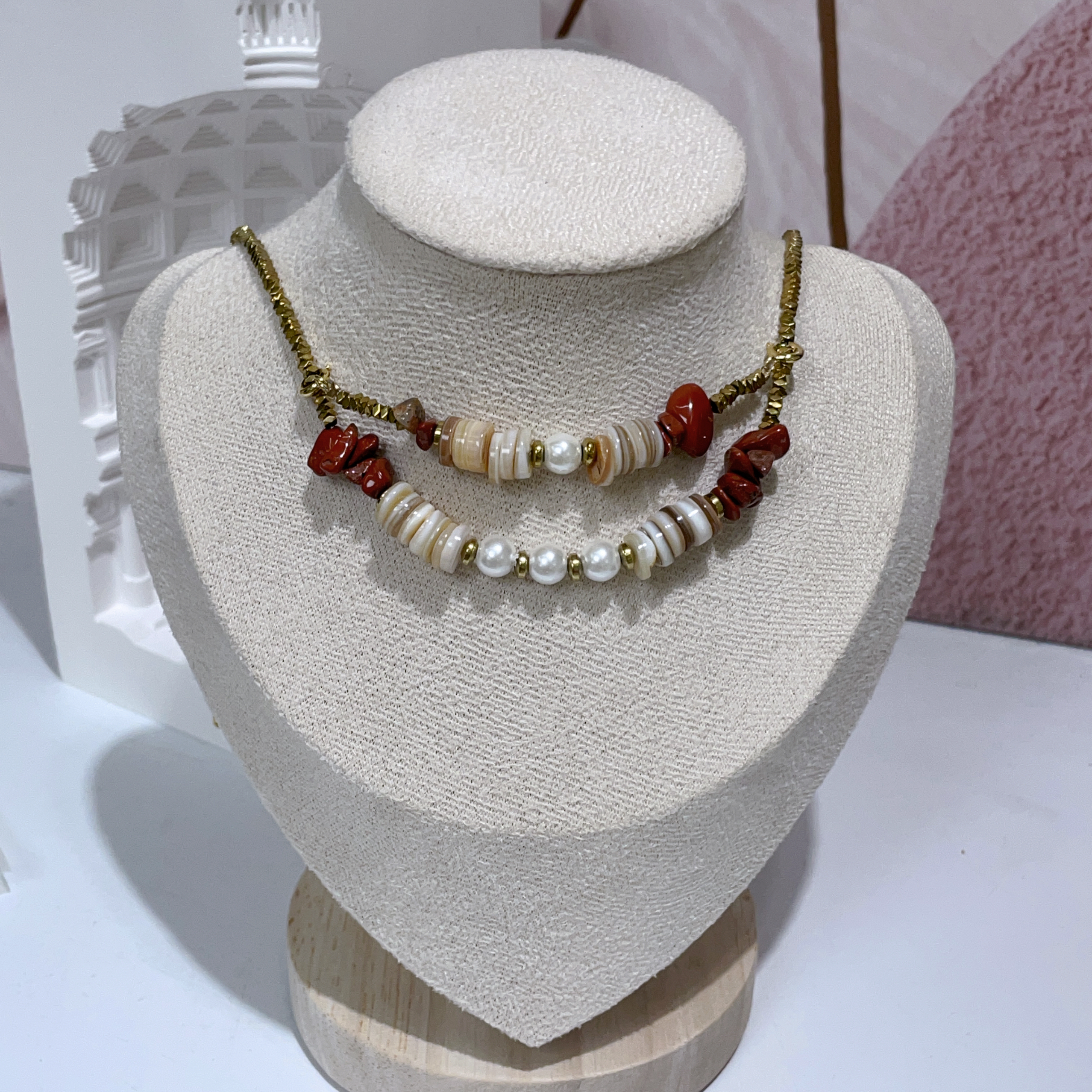 黑膽石拼瑪瑙頸鏈 配加長鏈 40cm