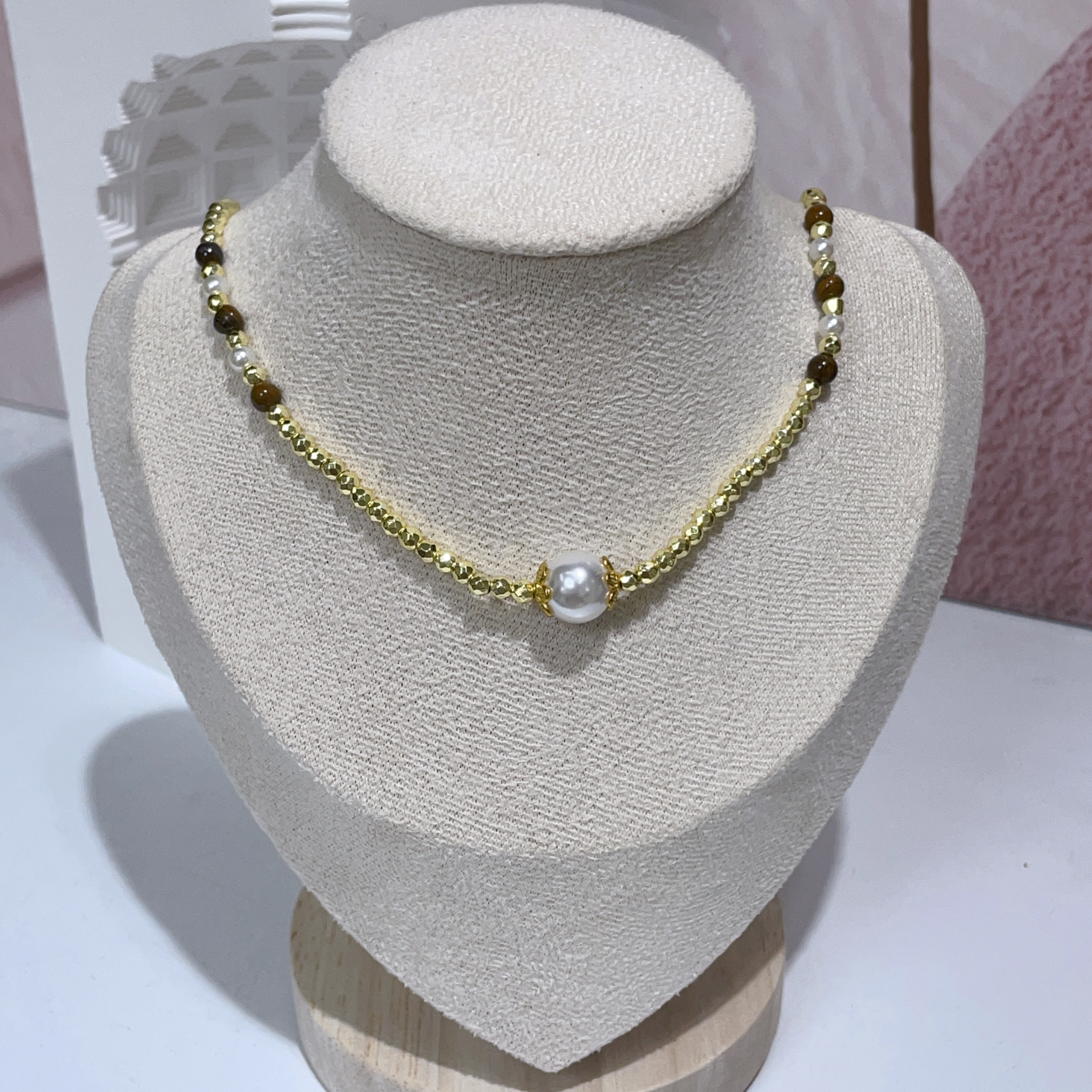 金鑽切黑膽石拼虎眼石貝珠頸鏈 42-47cm