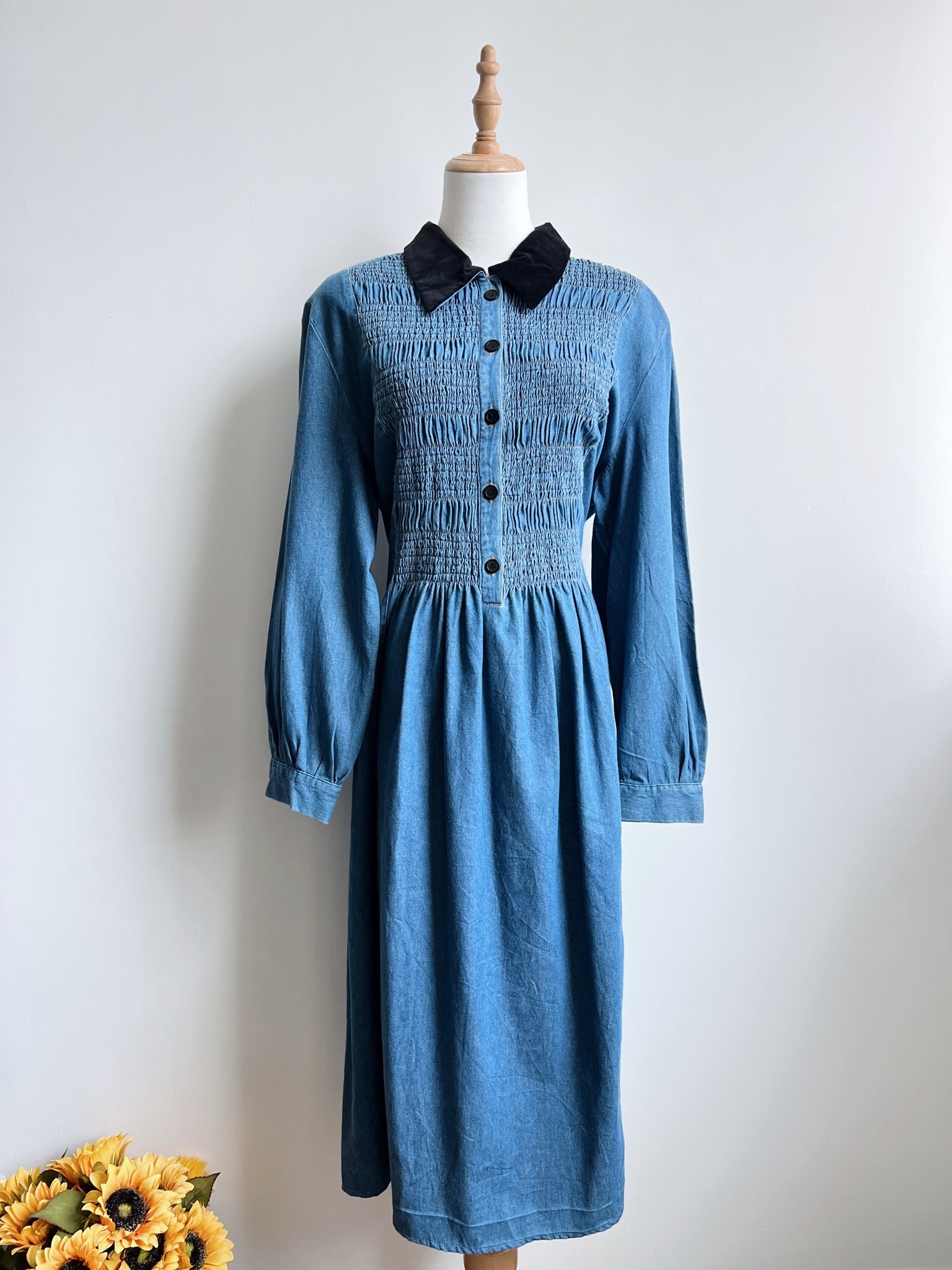 Velvet collar ruched denim jumpsuit