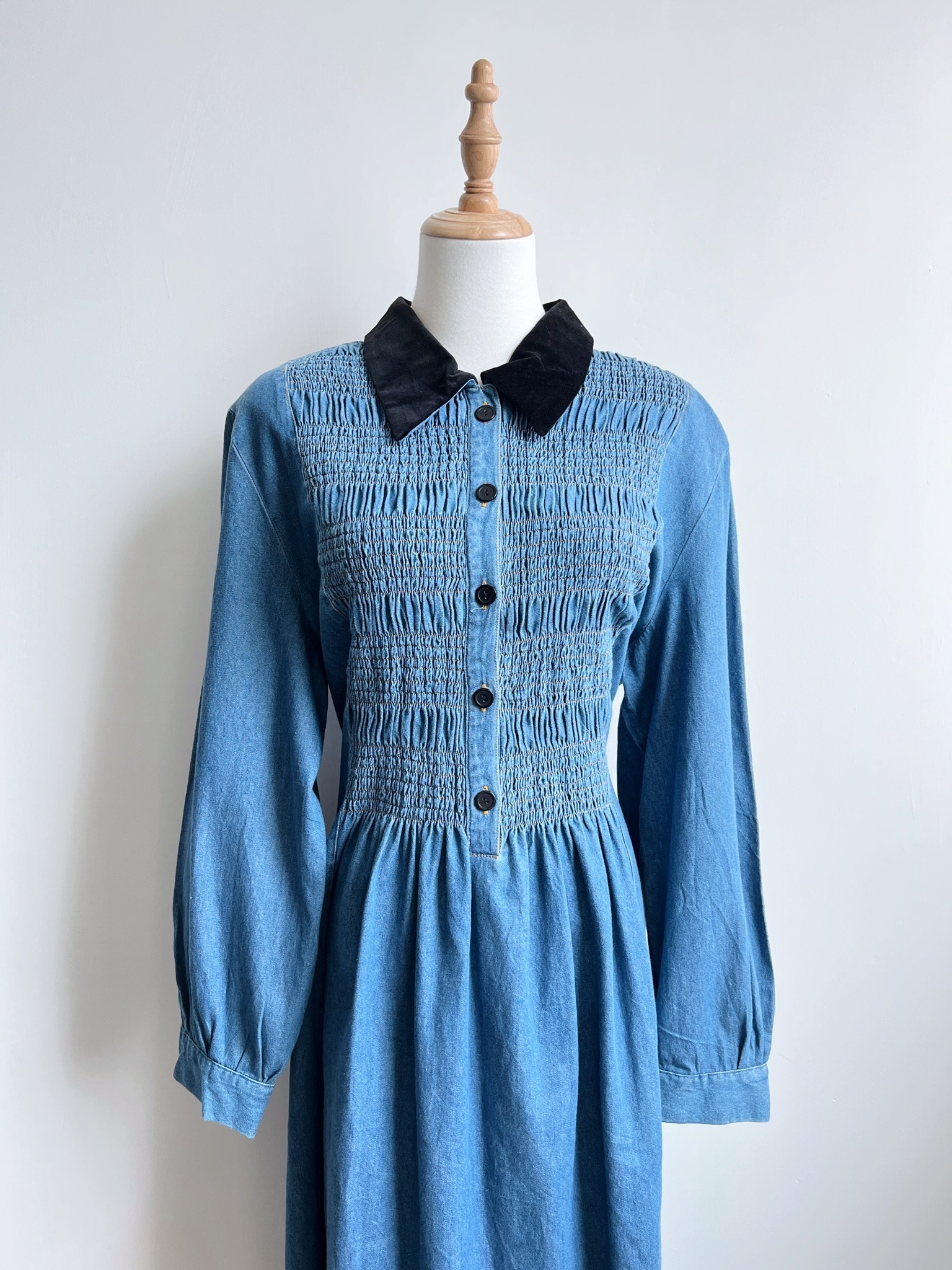 Velvet collar ruched denim jumpsuit