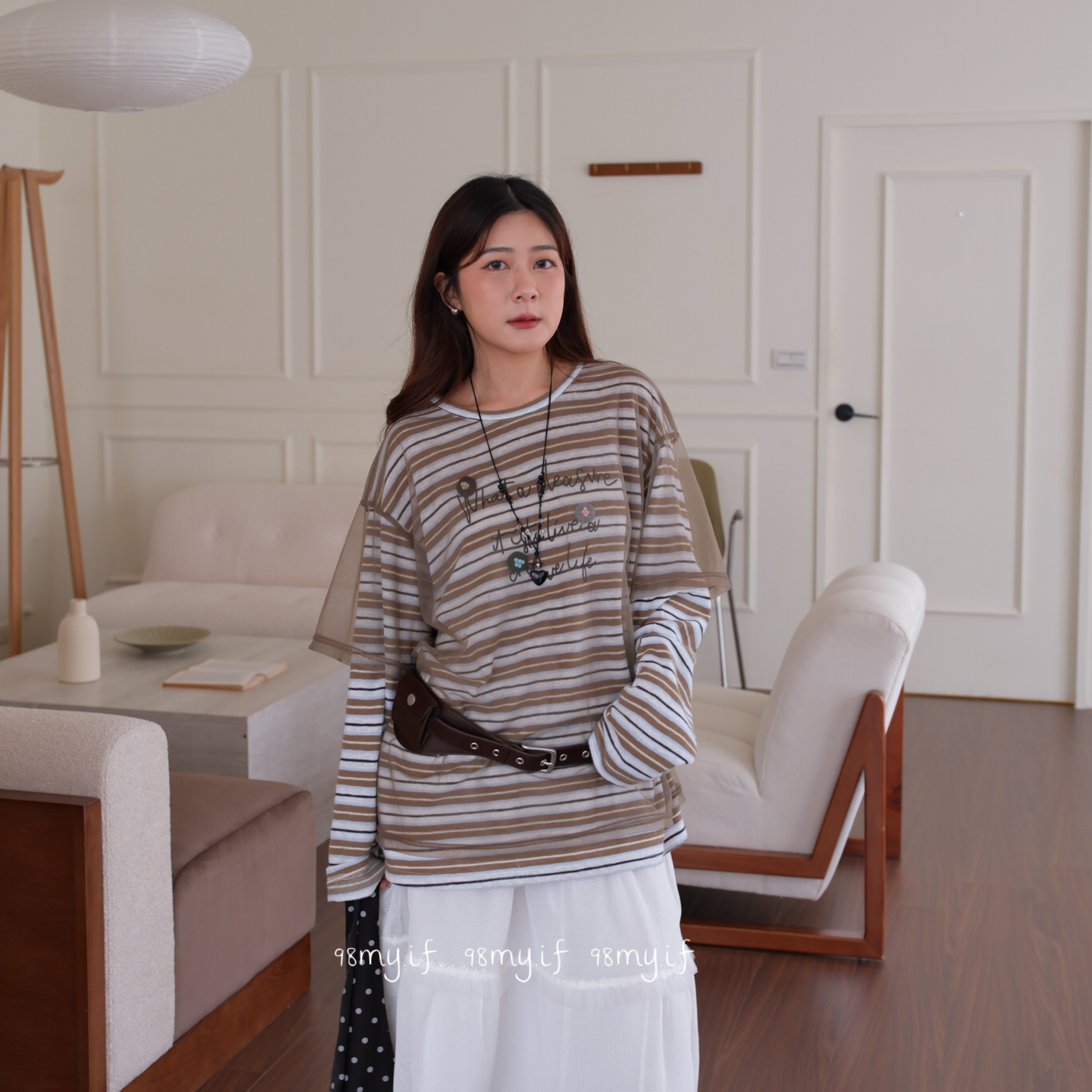 A21 鈕扣條文網紗薄tee