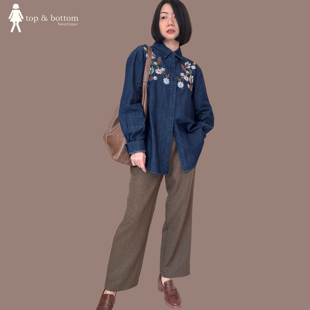 LONG SLEEVE DENIM SHIRT WITH EMBROIDERY DETAILS