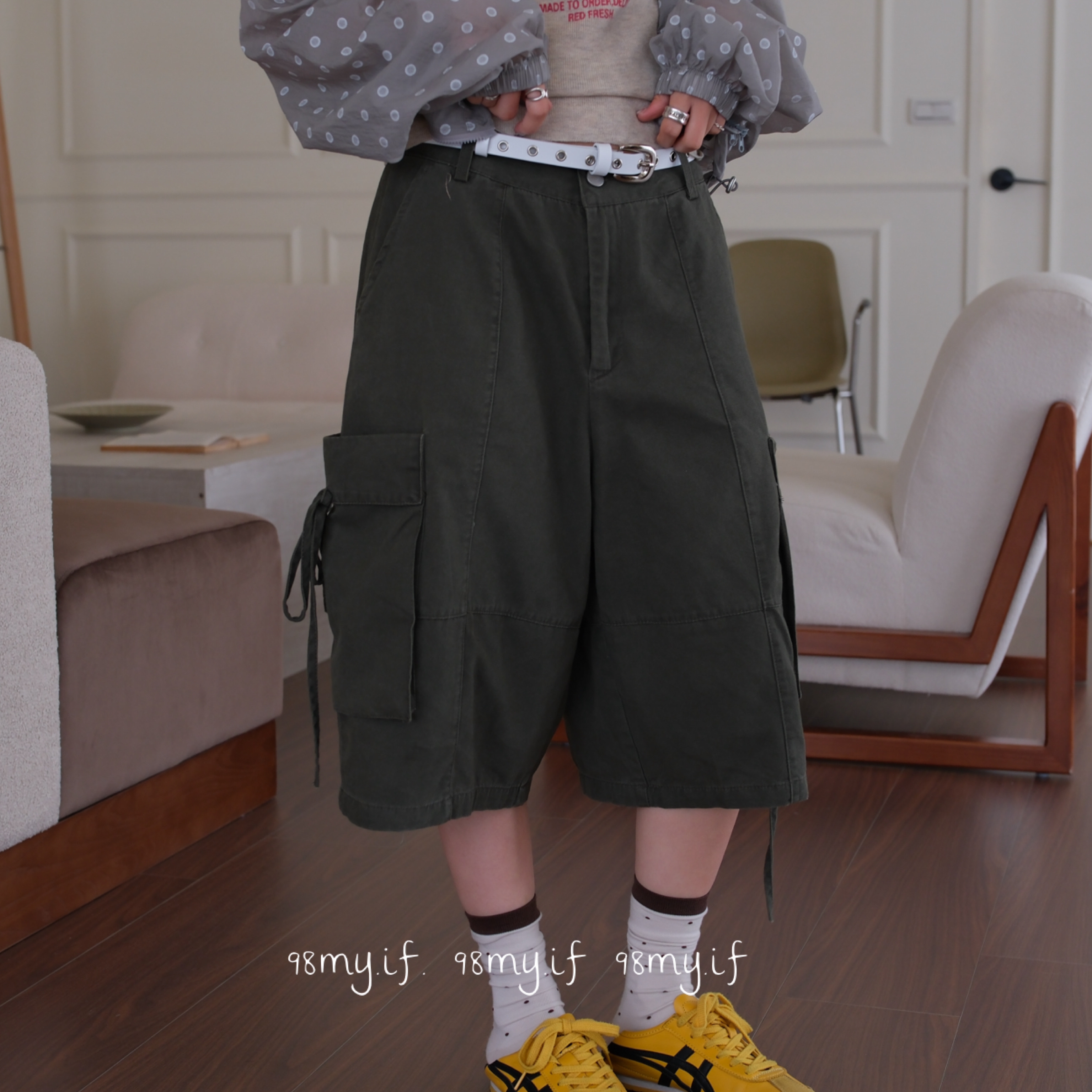 A08 酷甜墨綠蝴蝶綁帶低腰五分褲