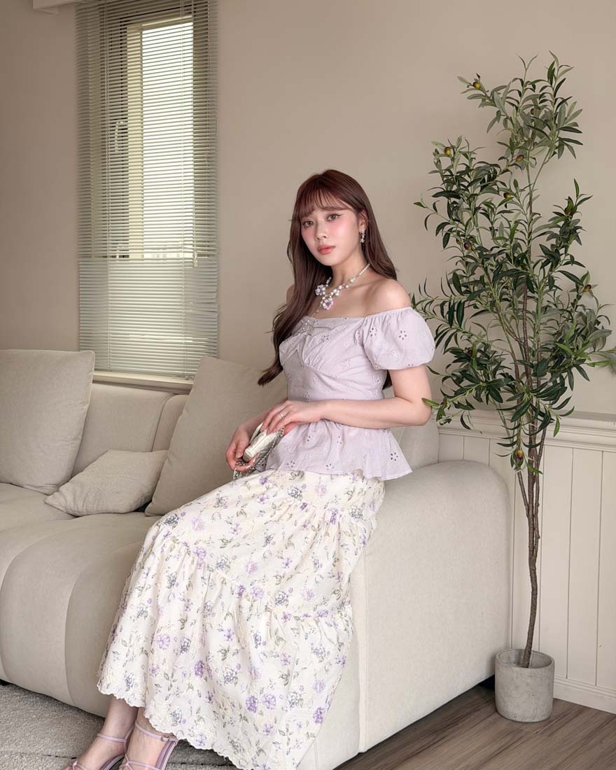 LINA LINA花意漫舞滿版花朵刺繡鬆緊蛋糕長裙-優美紫