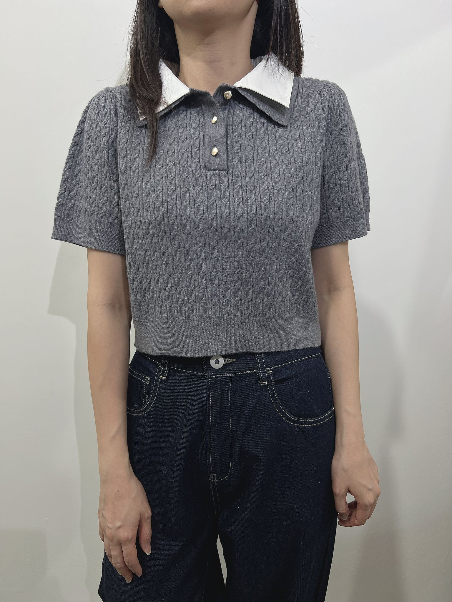 NC Double-collar cable short-sleeved knit