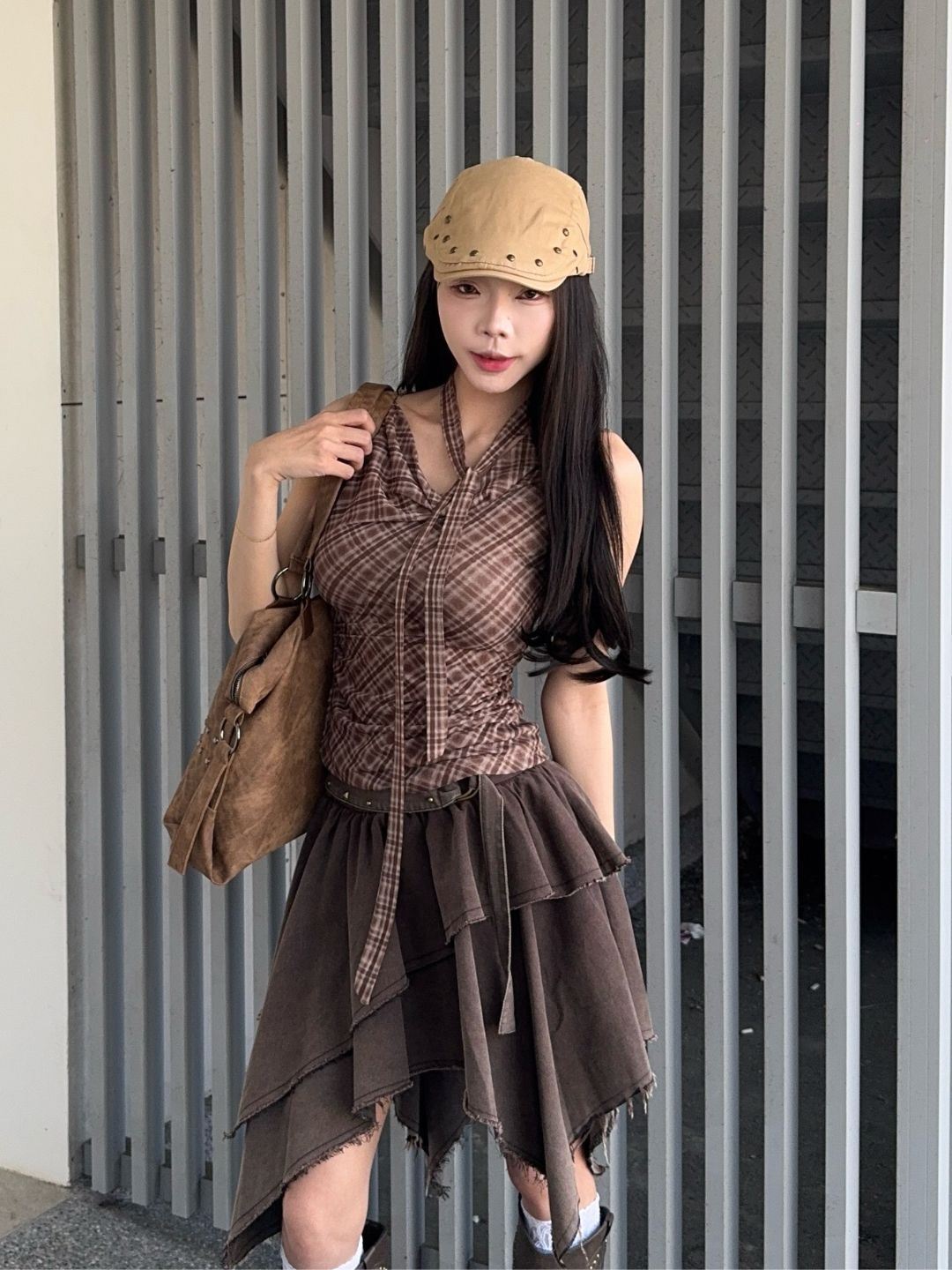 甜系附繞帶小格紋上衣