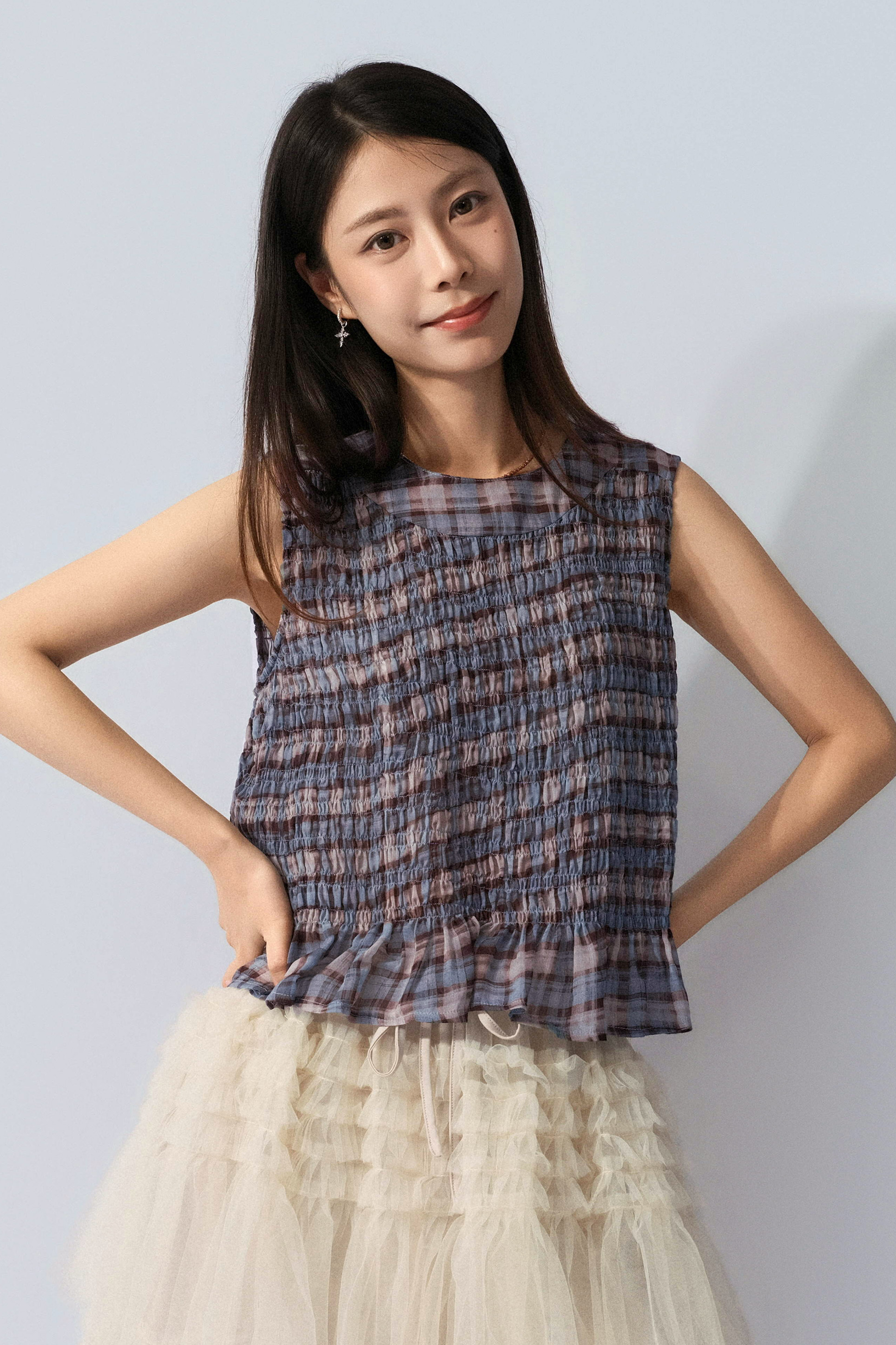 格紋雪紡拉橡筋背心 (預購產品）