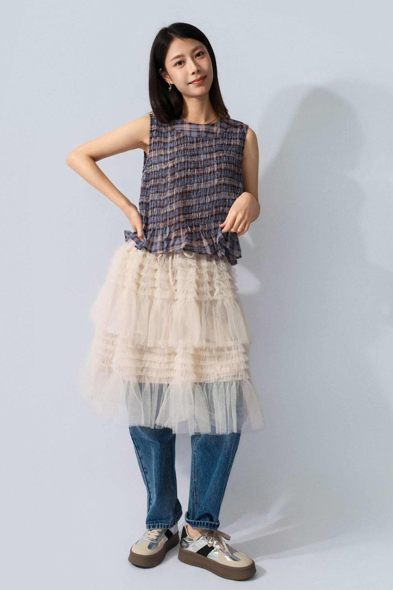 格紋雪紡拉橡筋背心 (預購產品）