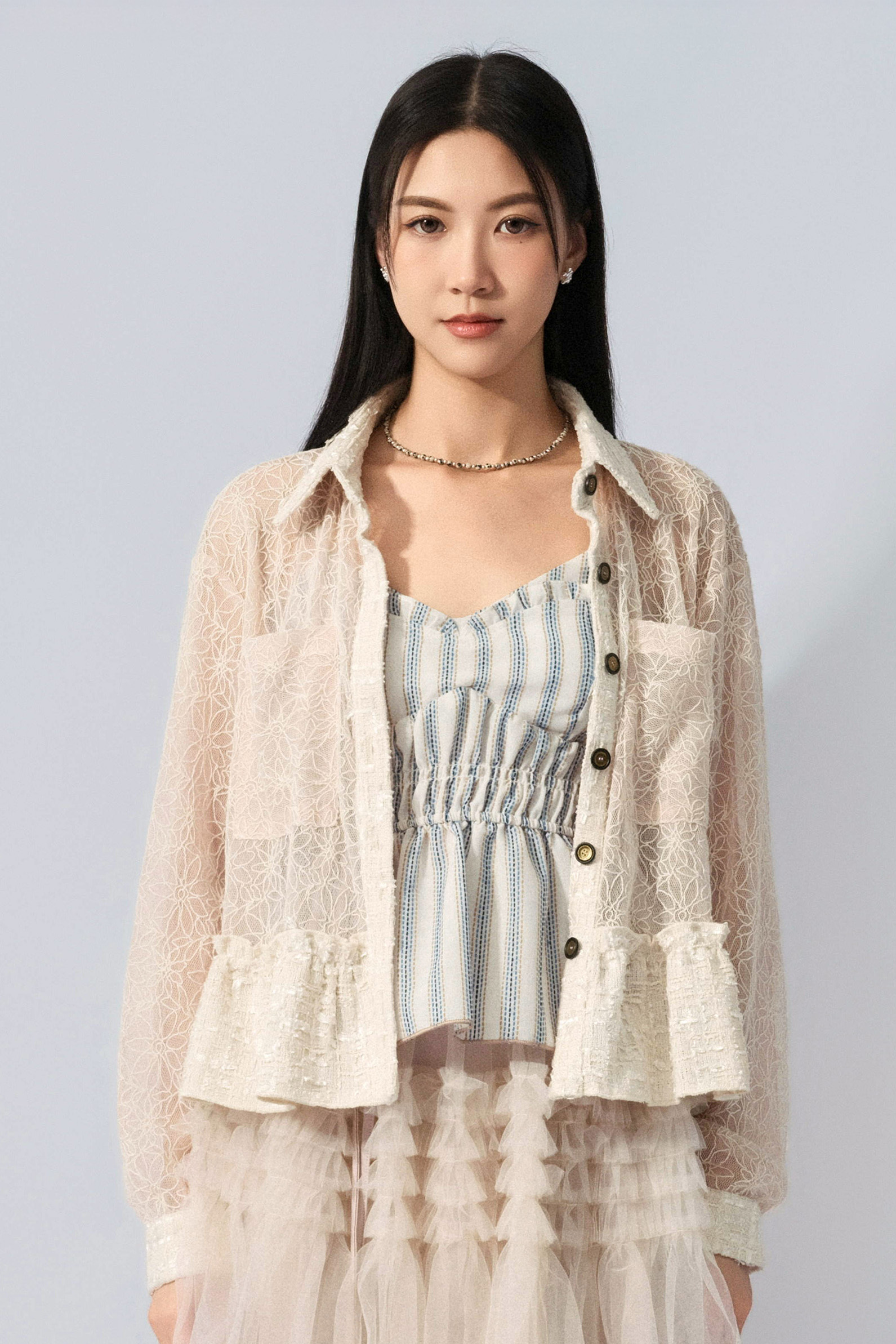 繡花網紗拼tweed恤衫 (預購產品）