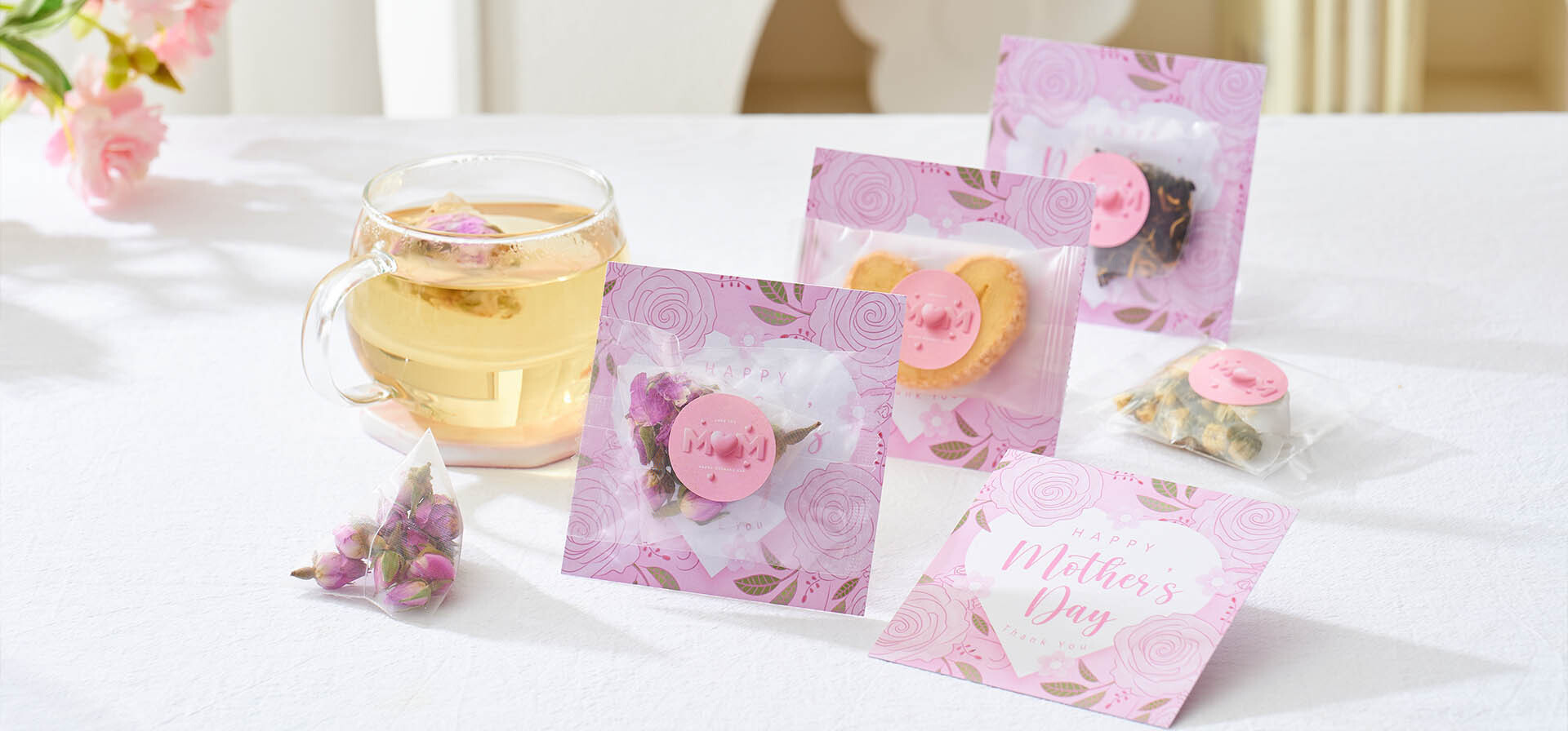 母親節全套禮物陳列-養生花茶蝴蝶酥曲奇禮盒組合