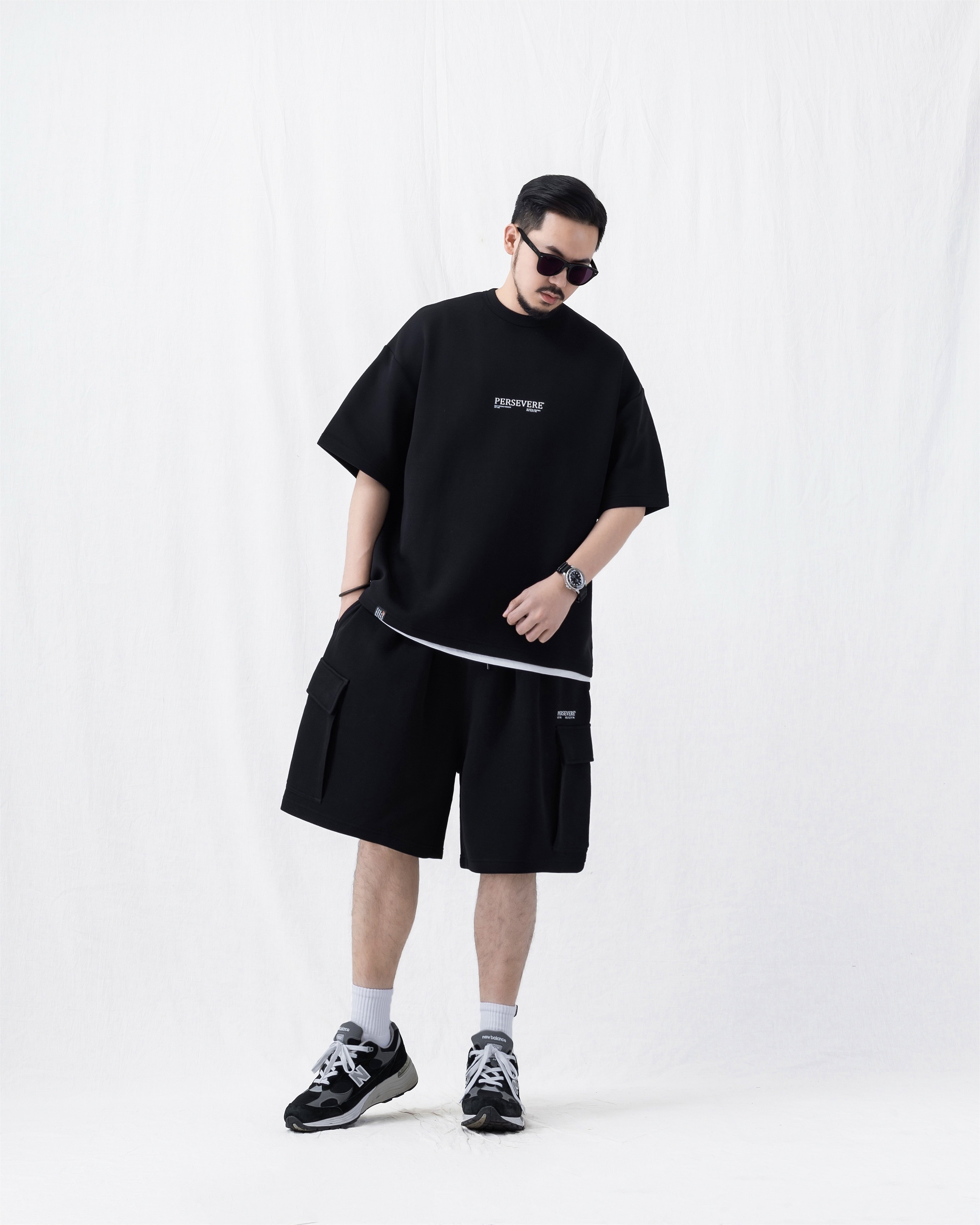 PERSEVERE 寬版 透氣 棉質 短褲 套裝 黑/深灰/麻花灰/橘 26 S/S Loose-Fit Cotton Shorts