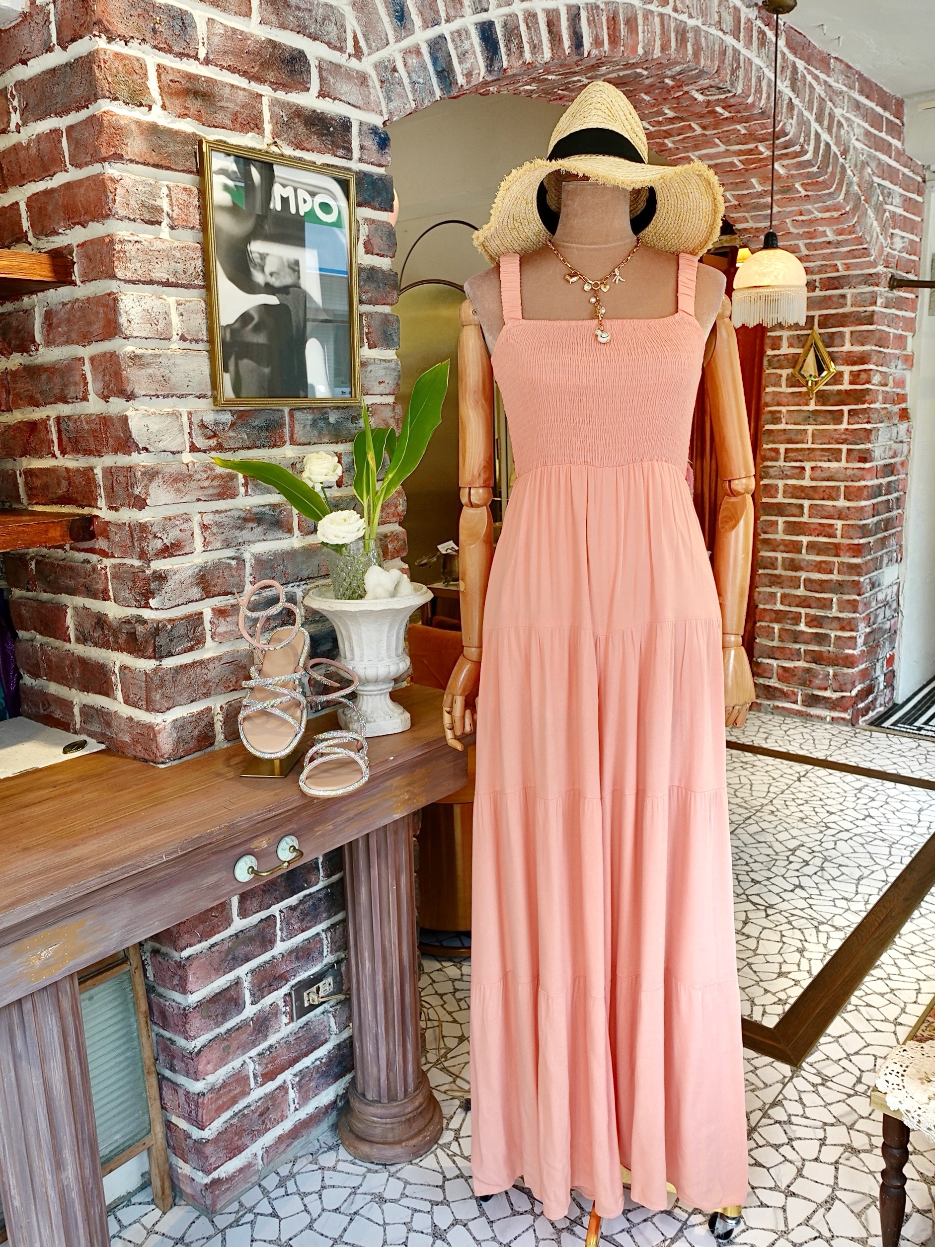 Coral珊瑚粉紅色皺褶連身長寬褲Jumpsuit