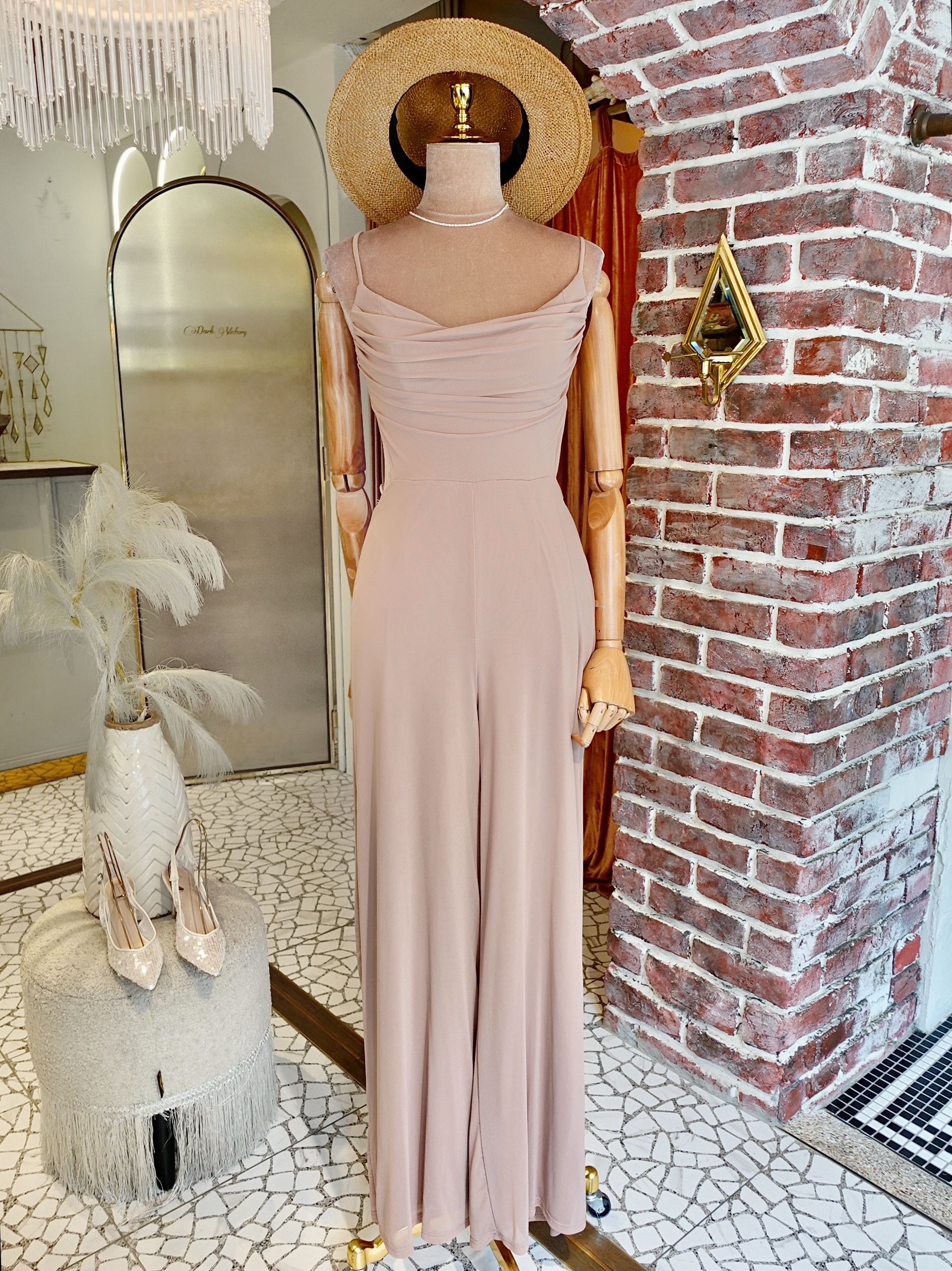 Night Love粉褐色網紗垂領連身長寬褲Jumpsuit